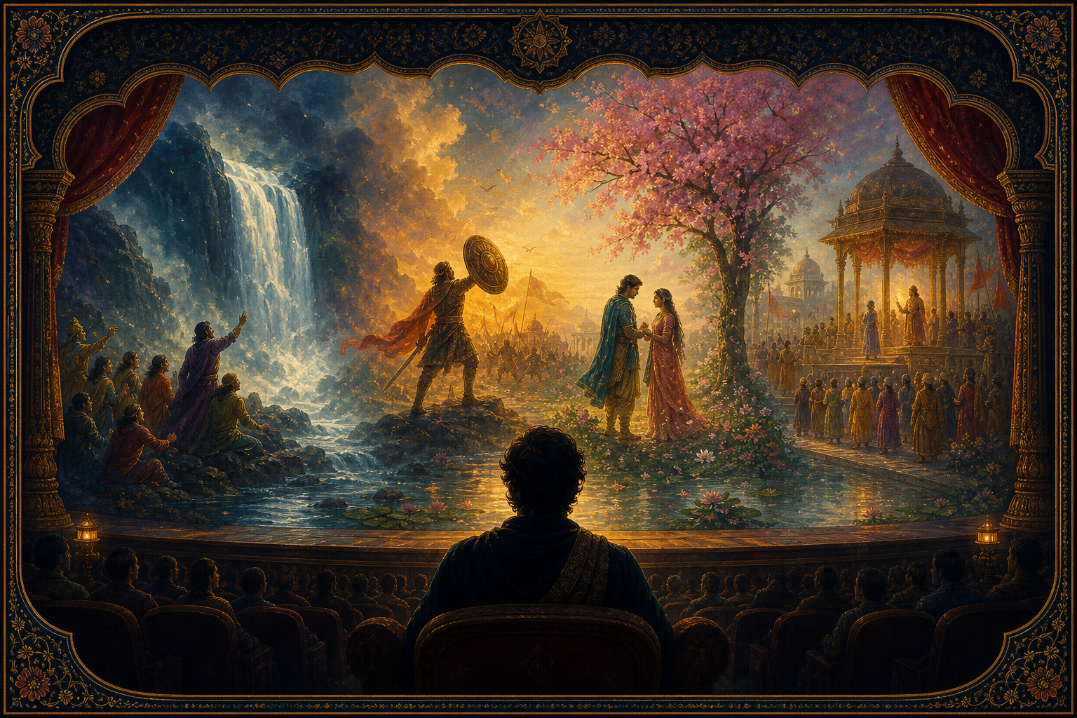 A silhouetted spectator watches an epic tableau of wonder, heroism, romance, and public ceremony unfold across a glowing stage.