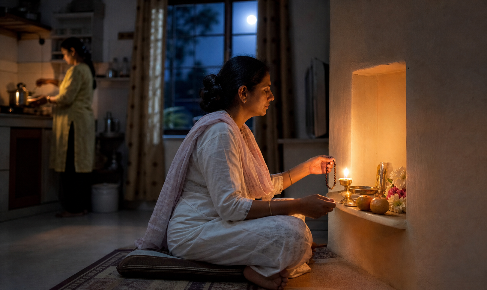 A person sits before a simple home altar with a lamp, water, fruit, flowers, and prayer beads while a meal is prepared nearby.