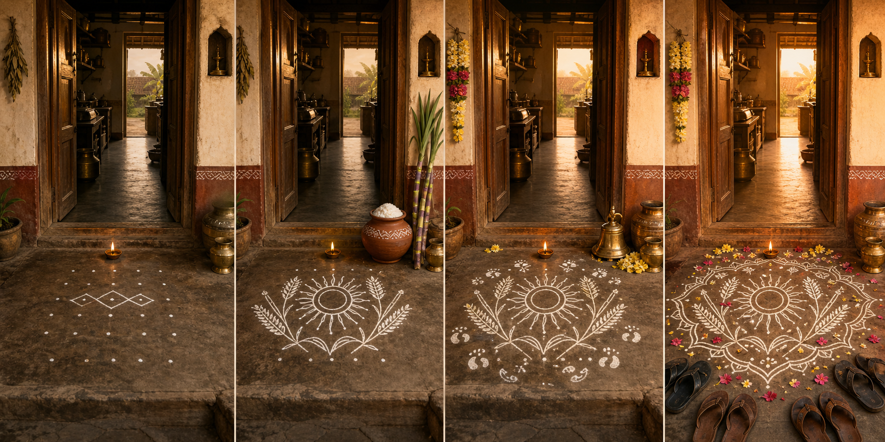 Four views of the same threshold show a white floor pattern expanding over successive festival mornings with a lamp, harvest pot, cattle-honoring objects, flowers, and signs of visiting family.