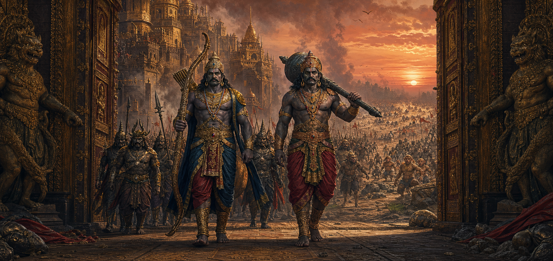 Kumbha and Nikumbha lead rakshasa forces out through the battle-damaged gates of Lanka.
