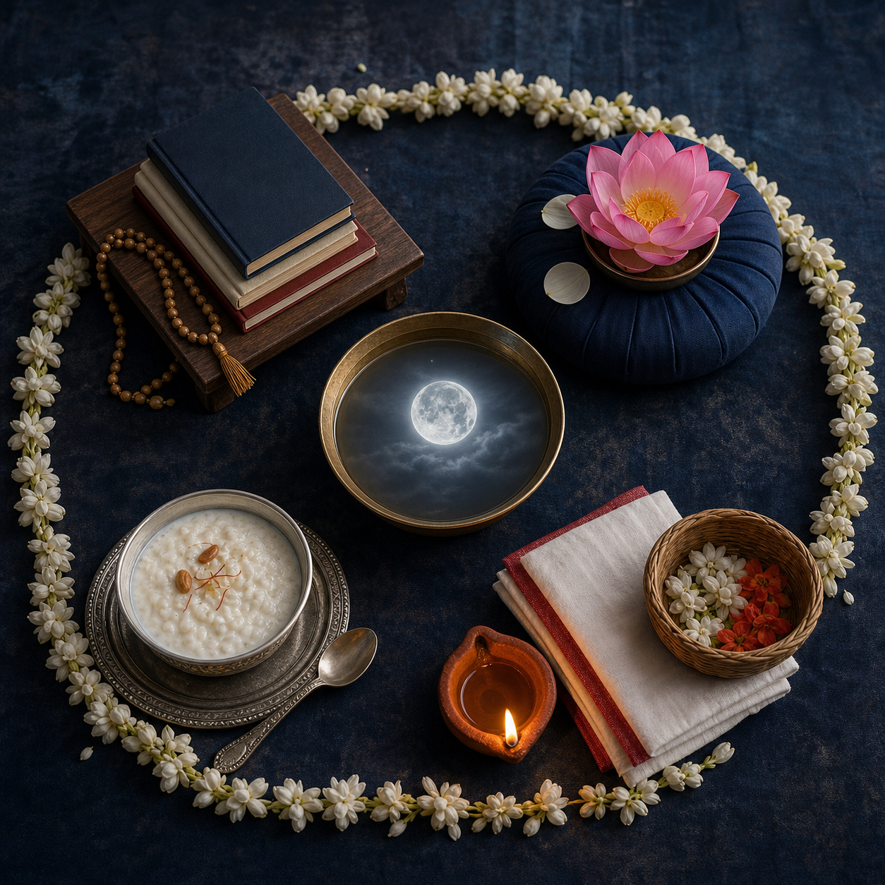 Four devotional still-life groupings with books, prayer beads, a lotus, milk-rice, a clay lamp, cloth, and flowers surround a moonlit brass bowl.