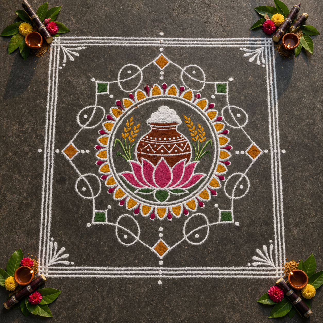 An overhead view of a symmetrical floor design with a central lotus and harvest pot, looping geometric forms, a square border, and small lamps and flowers at the corners.