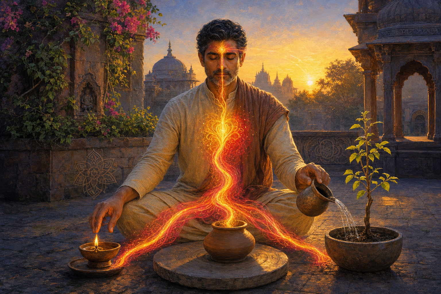 A seated practitioner channels a crimson and gold current of light through the heart and hands toward an oil lamp, a clay vessel, and a young tree.