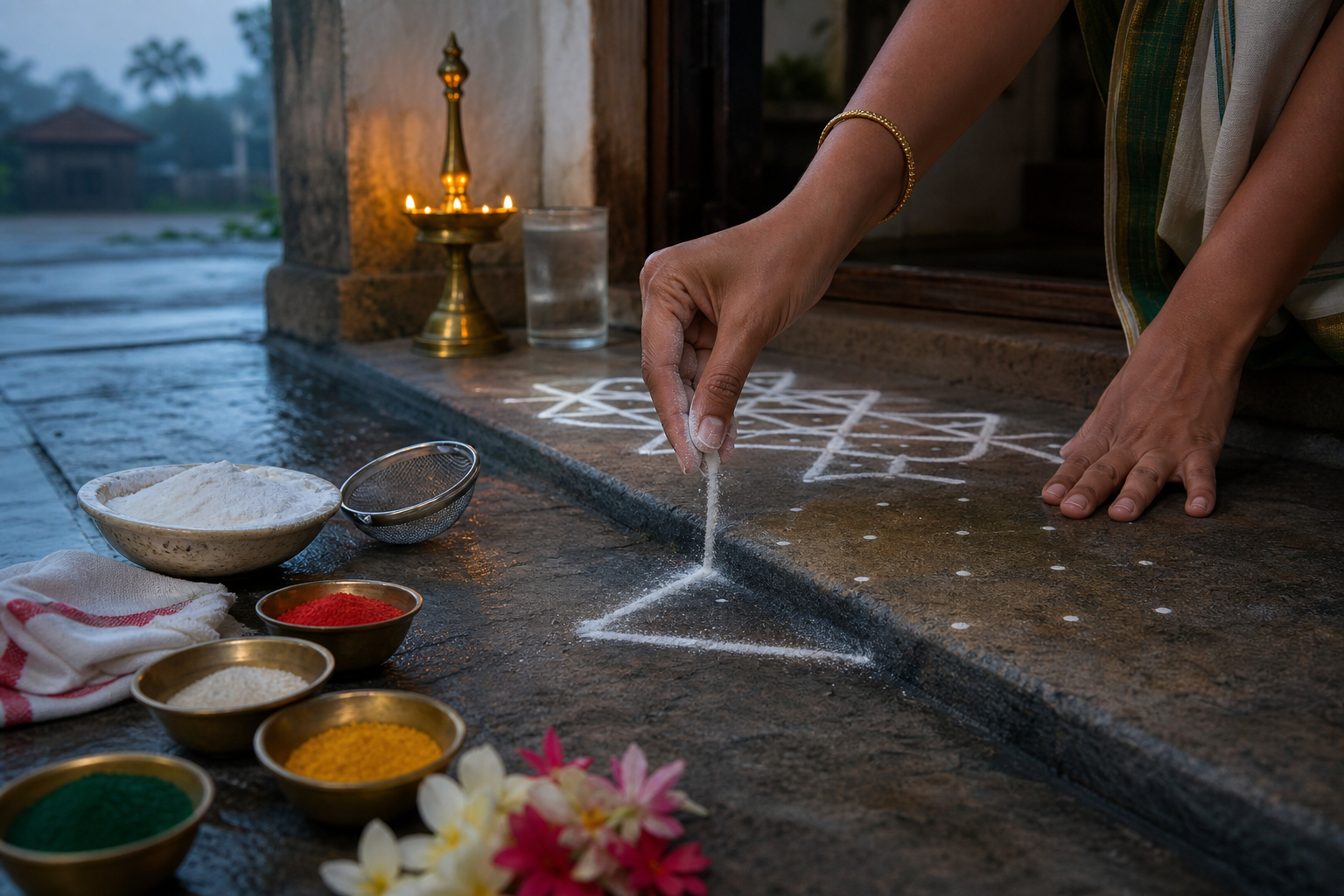 A hand releases white powder along a dot grid on a cleaned stone doorstep beside bowls of colored powder, a sieve, cloth, flowers, water, and a brass lamp.
