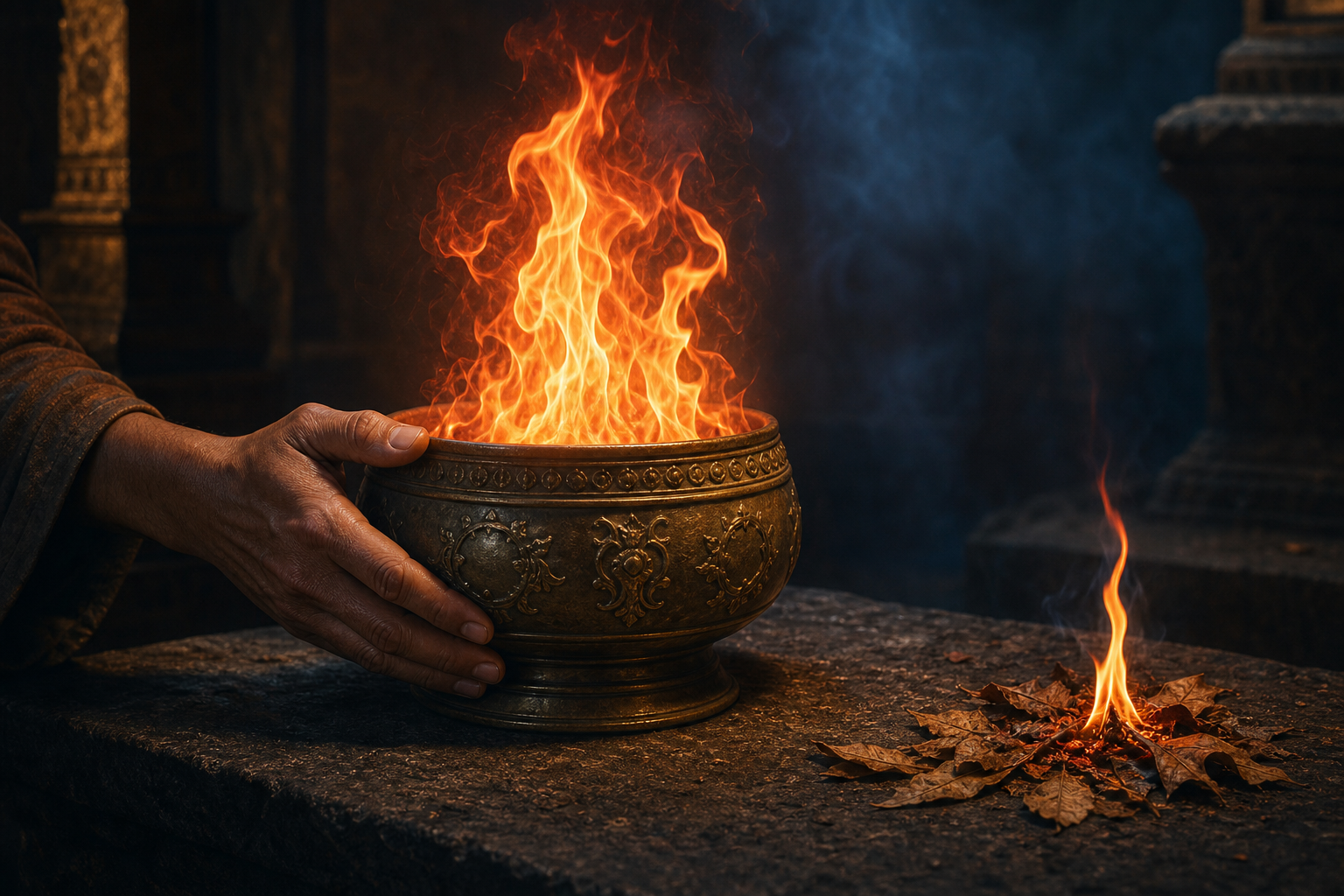 A hand steadies a bronze vessel containing a bright flame while a stray flame scorches dry leaves nearby.