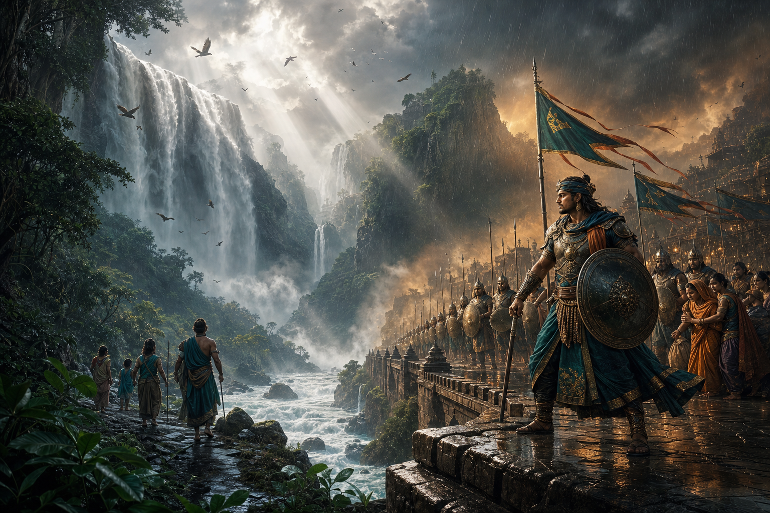 Travelers marvel at a vast waterfall while a fictional armored leader defends villagers on a nearby stone causeway.