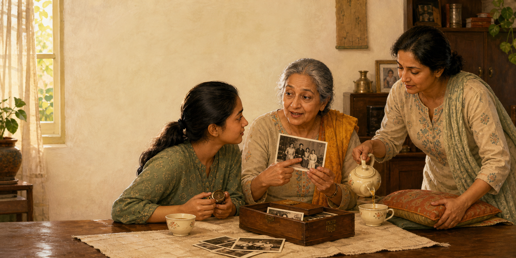 An older mother shares a family photograph with her adult daughter and teenage granddaughter as they sit together at a dining table.