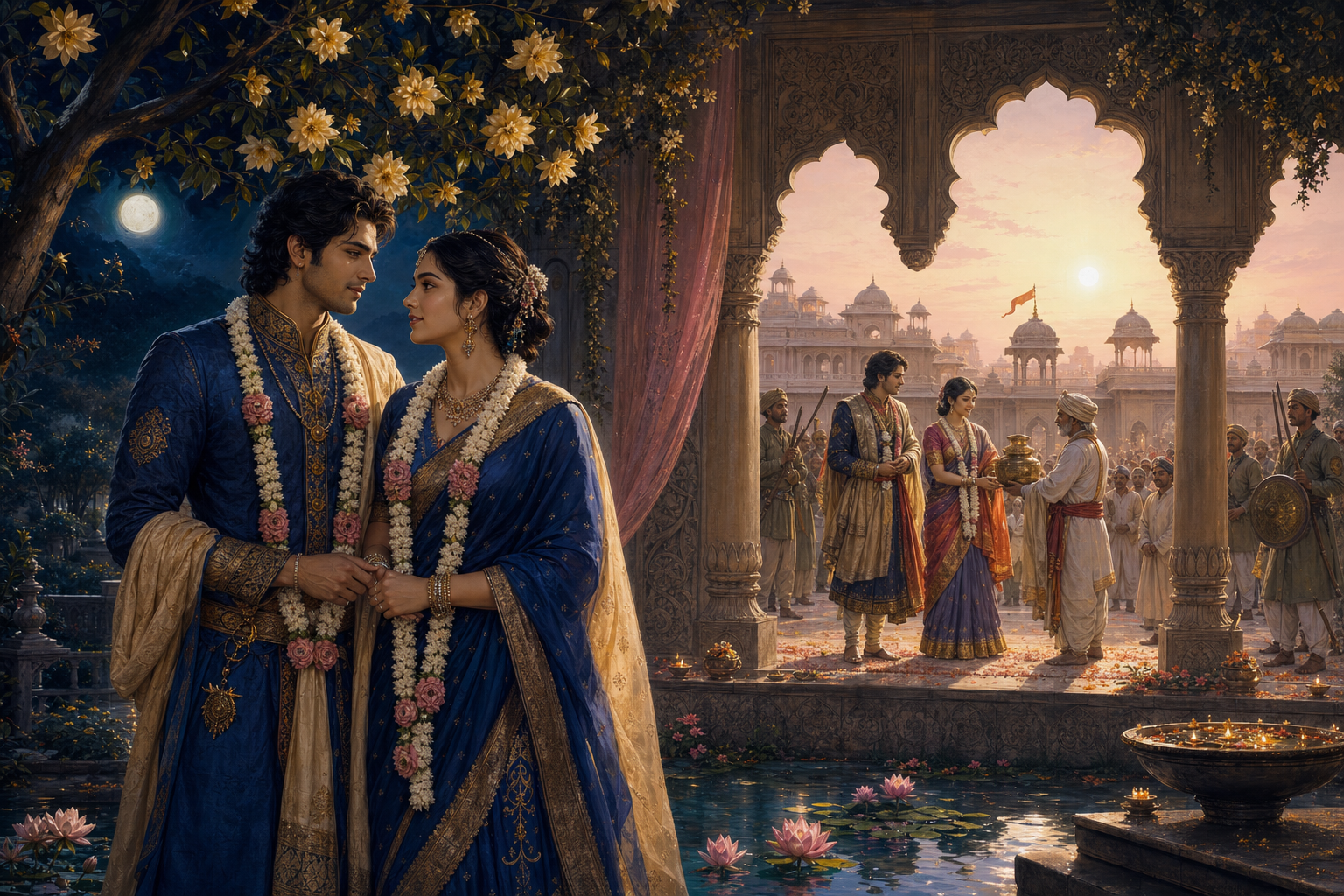 A fictional royal couple meet beside a moonlit lotus pool, with a public ceremony visible through a stone colonnade behind them.