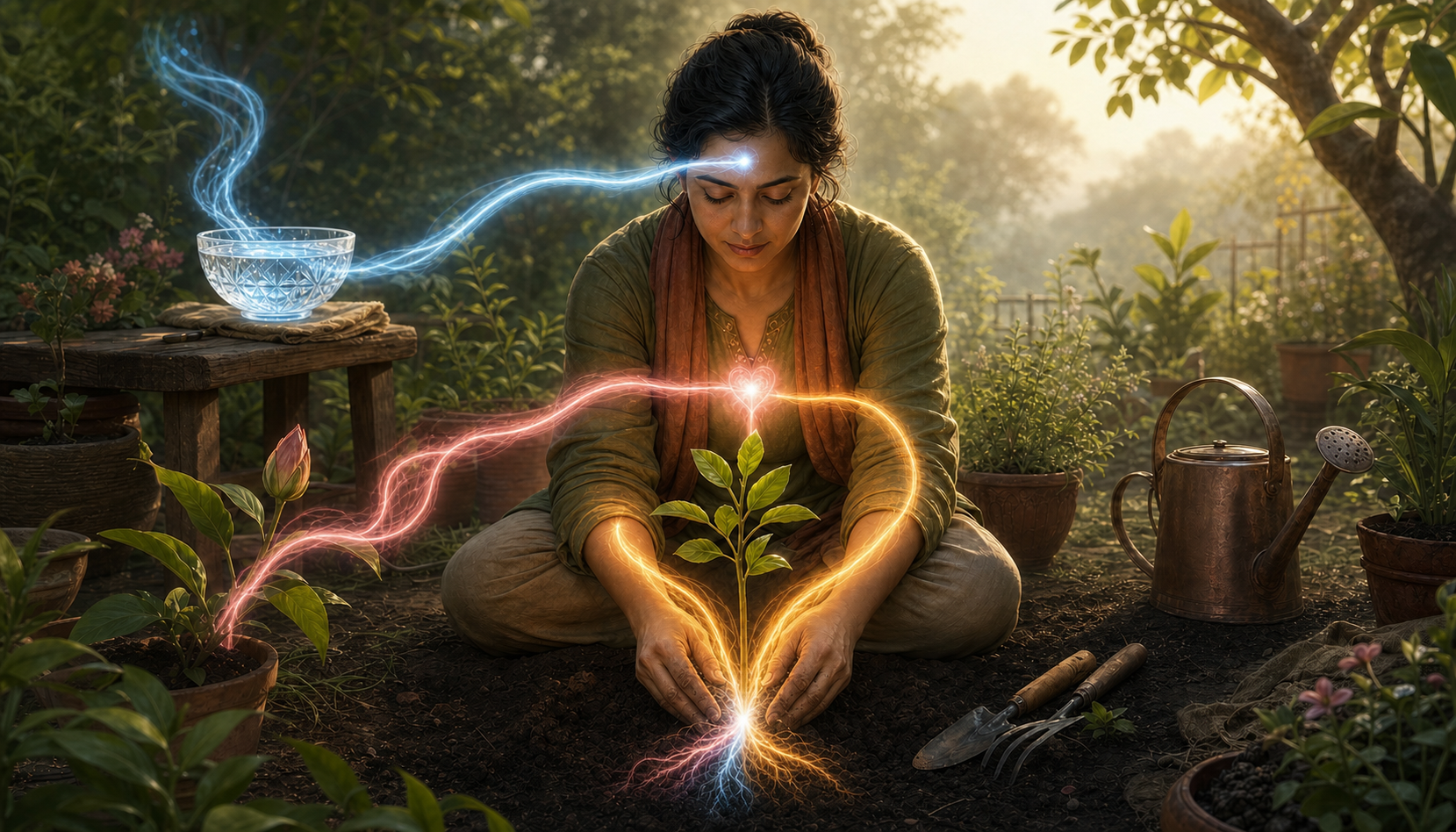Three colored streams of light connect a practitioner's heart, brow, and hands as the person plants a sapling.