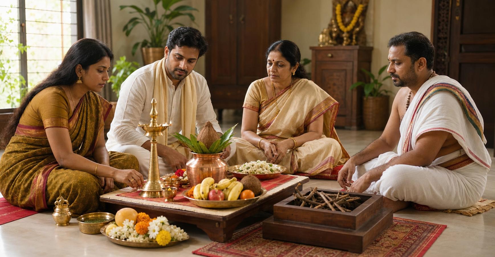 A family and ritual guide carefully arrange a lamp, kalasha, flowers, fruit, grains, and an unlit homa fire altar before worship.