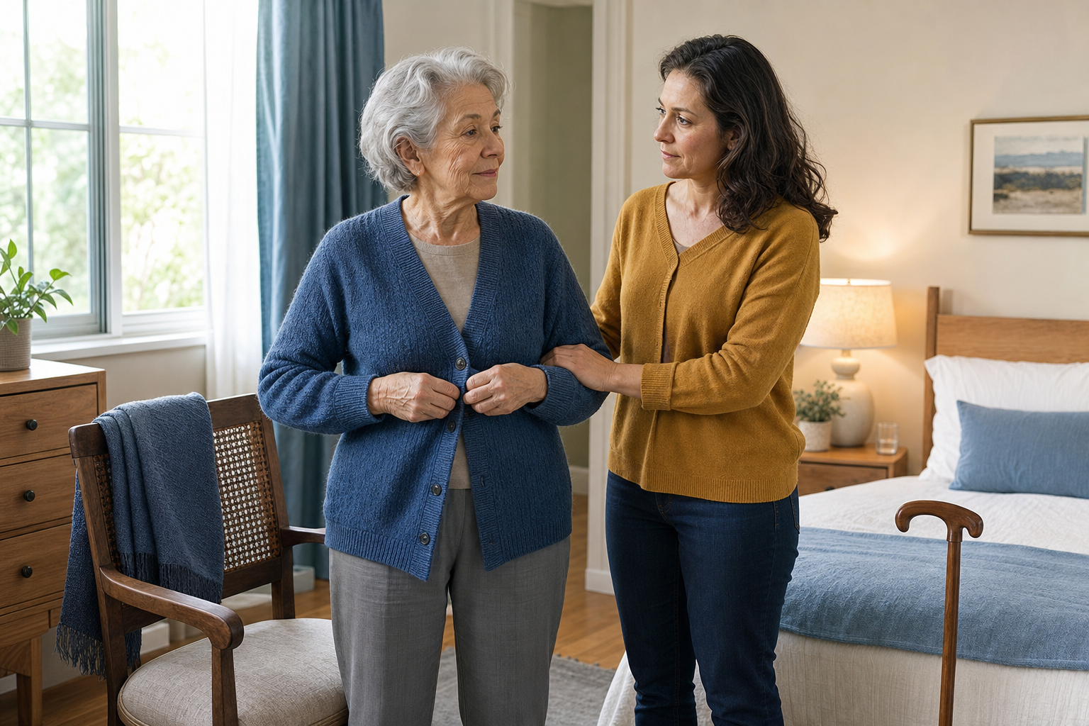 An older mother buttons her cardigan while her adult child stands nearby and offers a steadying arm.
