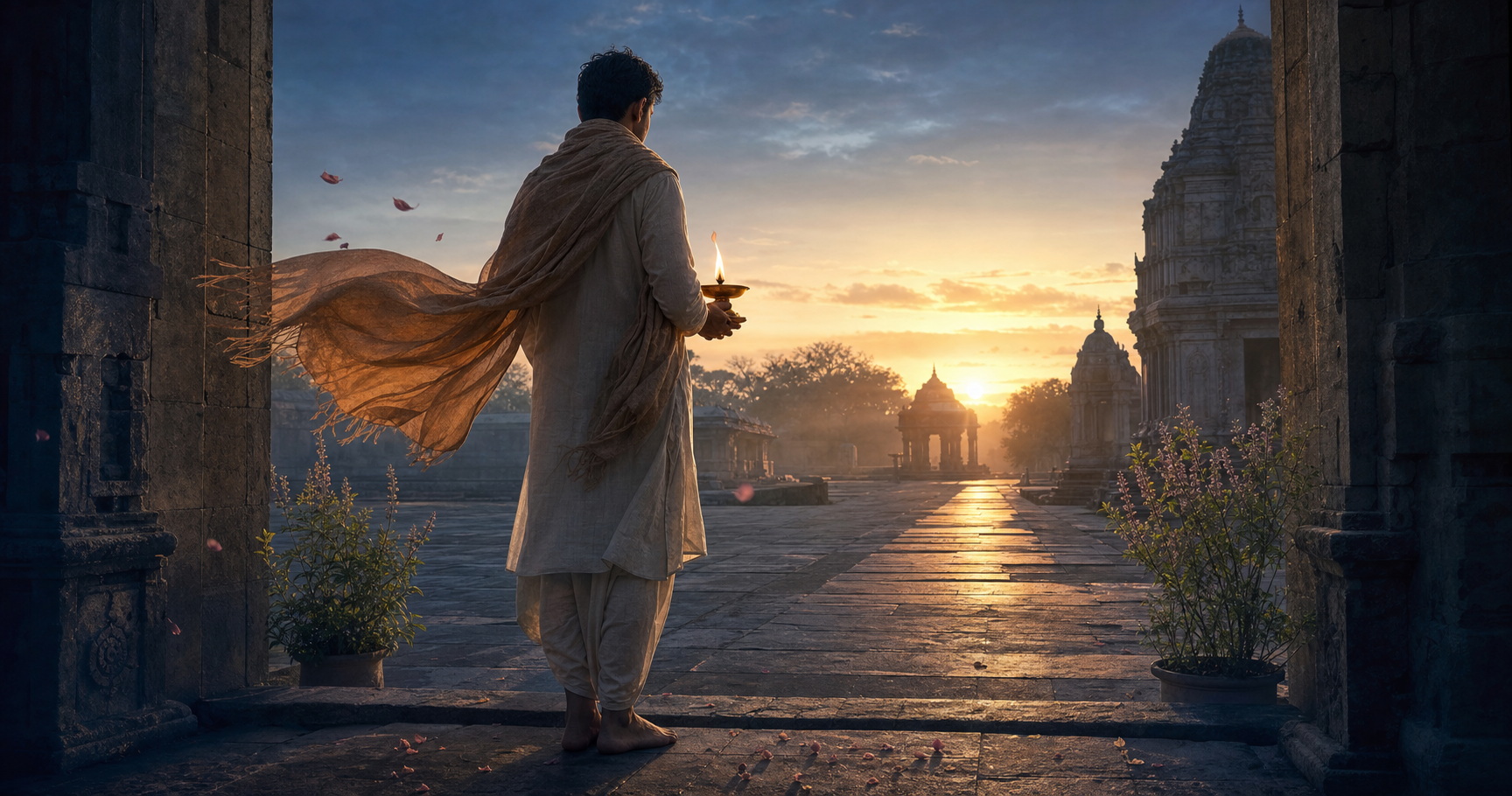 A barefoot devotee holding a small lit brass lamp stands at the entrance to a stone temple courtyard at sunrise as wind scatters flower petals.