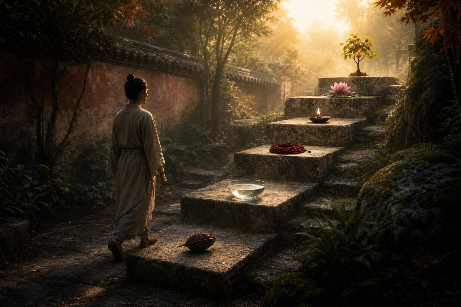 A practitioner ascends six stone landings marked by a seed pod, water bowl, red thread, lamp, lotus, and fruit-bearing sapling.