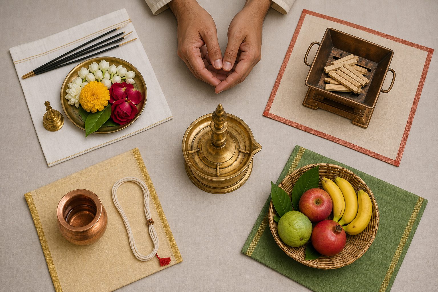 Four ritual preparations for puja, homa, vrata, and a temple offering are arranged around a central brass lamp while a pair of hands pauses above them.
