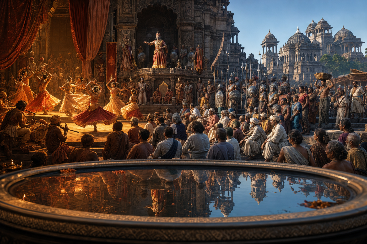 A public royal ceremony is shown in warm theatrical light on one side and cooler analytical light on the other, with citizens arranged around a raised platform.
