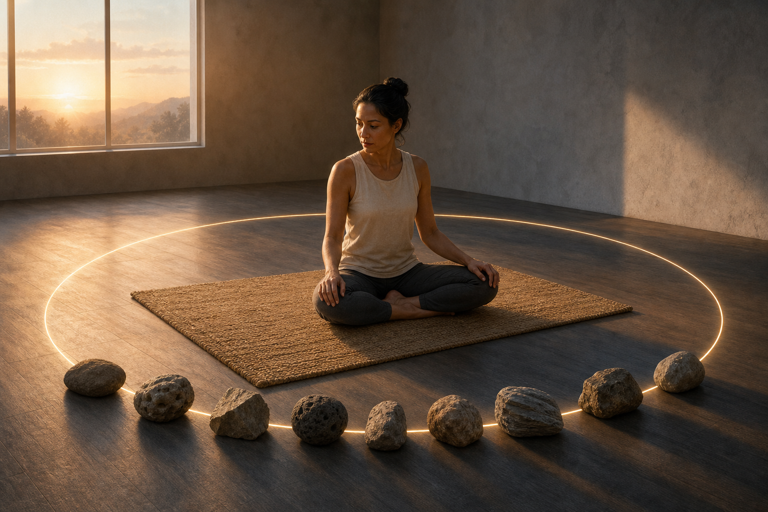 A seated yoga practitioner calmly faces nine stones interrupting a luminous circle around a mat in a softly lit room.