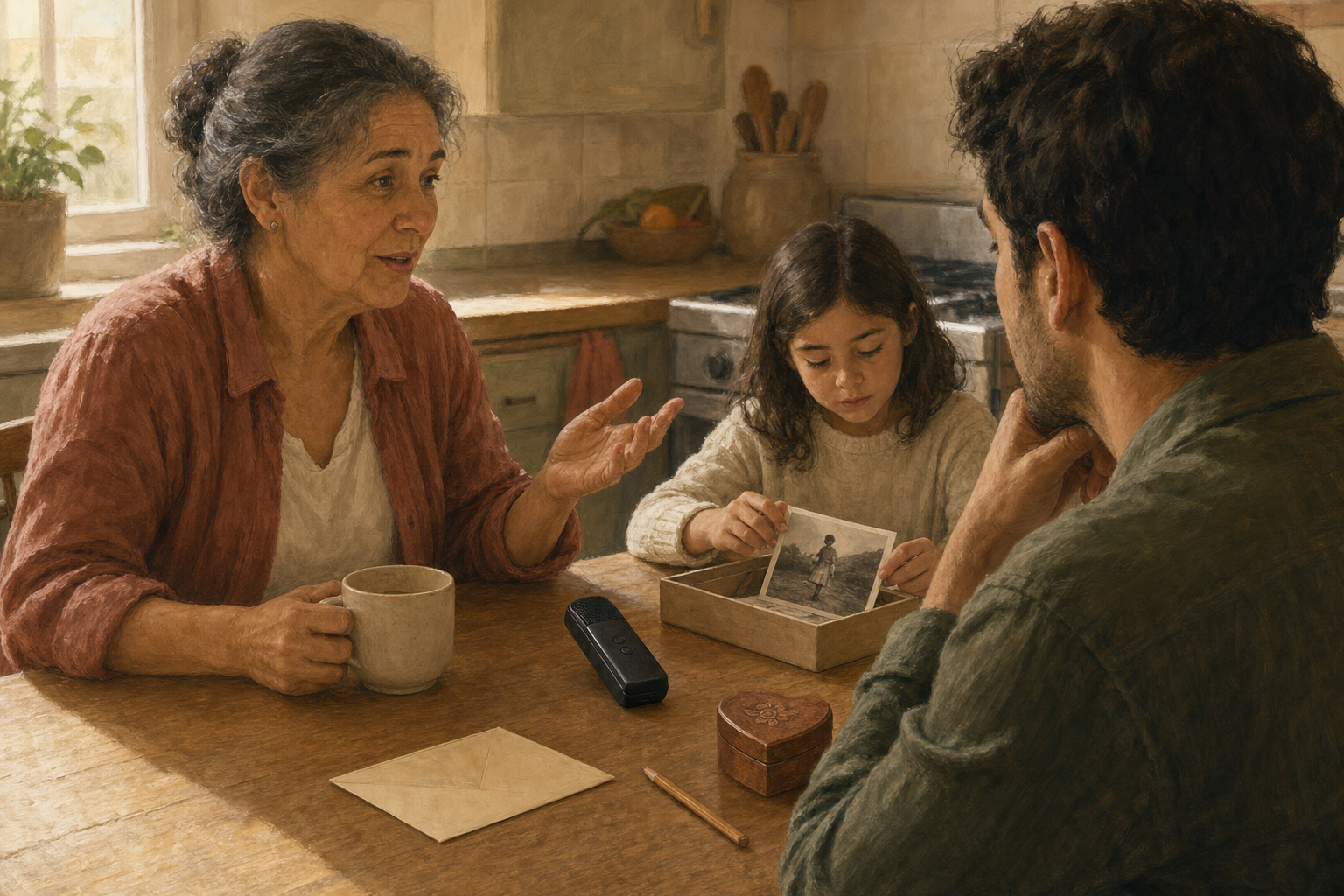 An older mother tells a story at a kitchen table while one family member records her voice and a child looks through a small box of photographs.