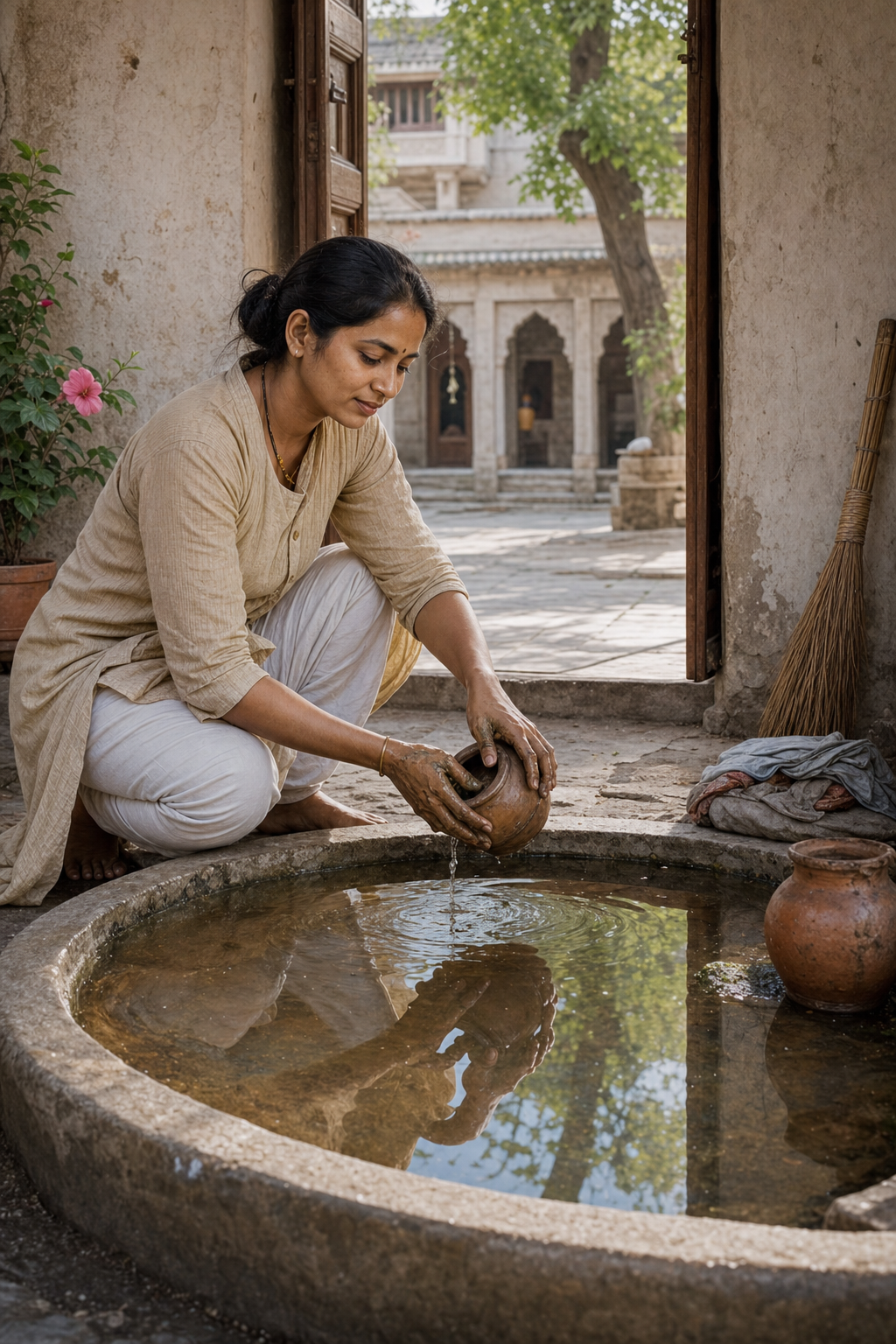 A devotee kneels beside a stone basin, washing mud from their hands and a clay vessel while their reflection appears in the water.