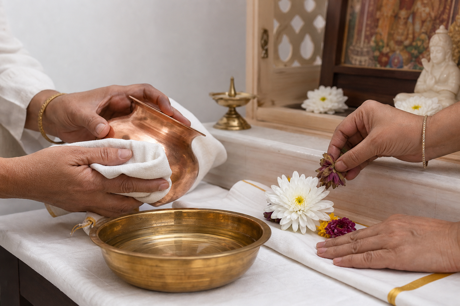 Hands clean a copper vessel, straighten an altar cloth, and replace a damaged flower before a Hindu ritual begins.