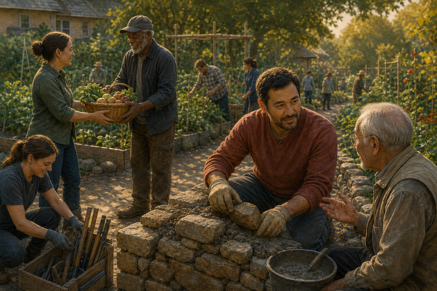 A practitioner repairs a garden wall and listens to an older neighbor as people share food and work together nearby.