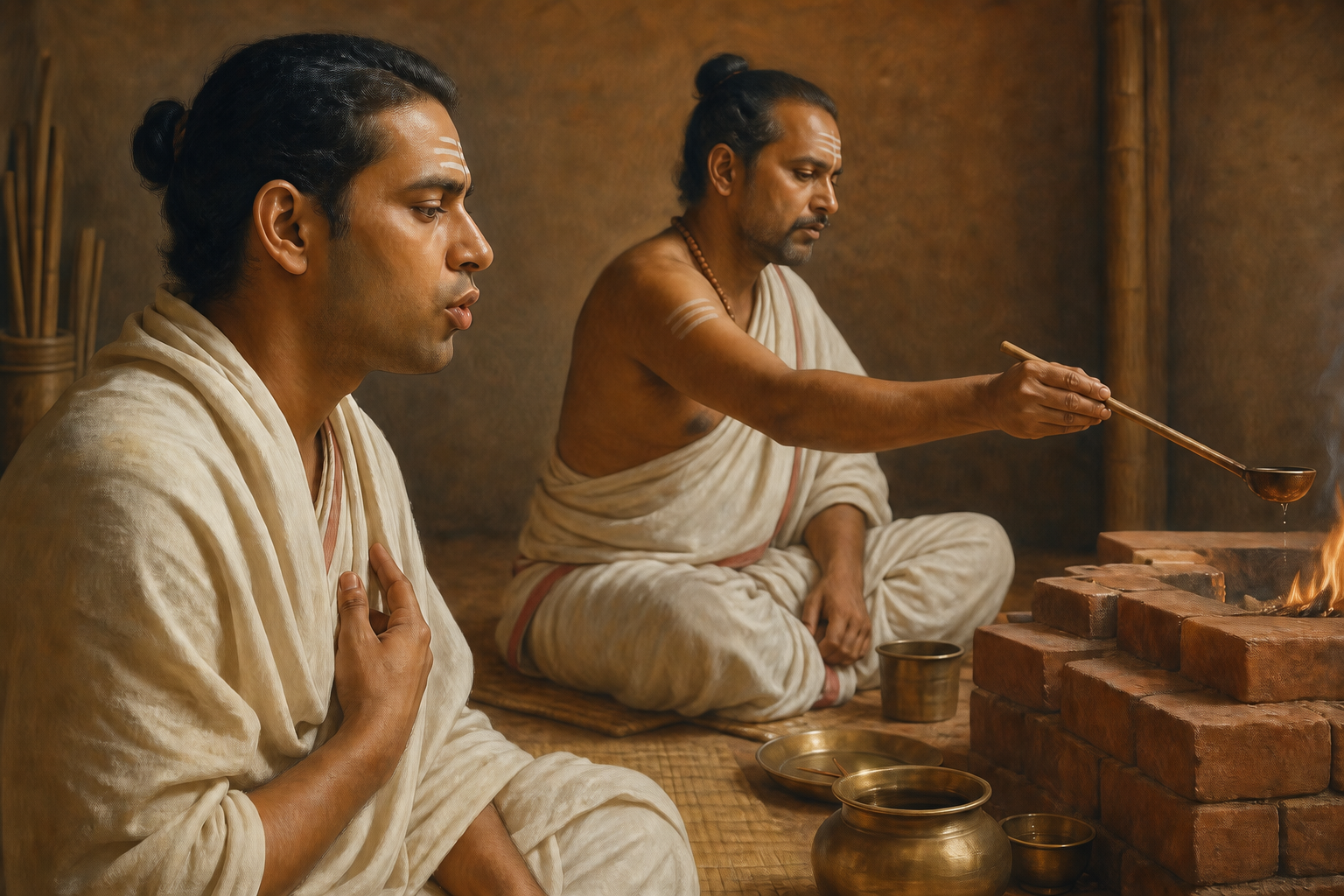 A reciting priest coordinates his measured speech with another officiant's offering action beside the altar.
