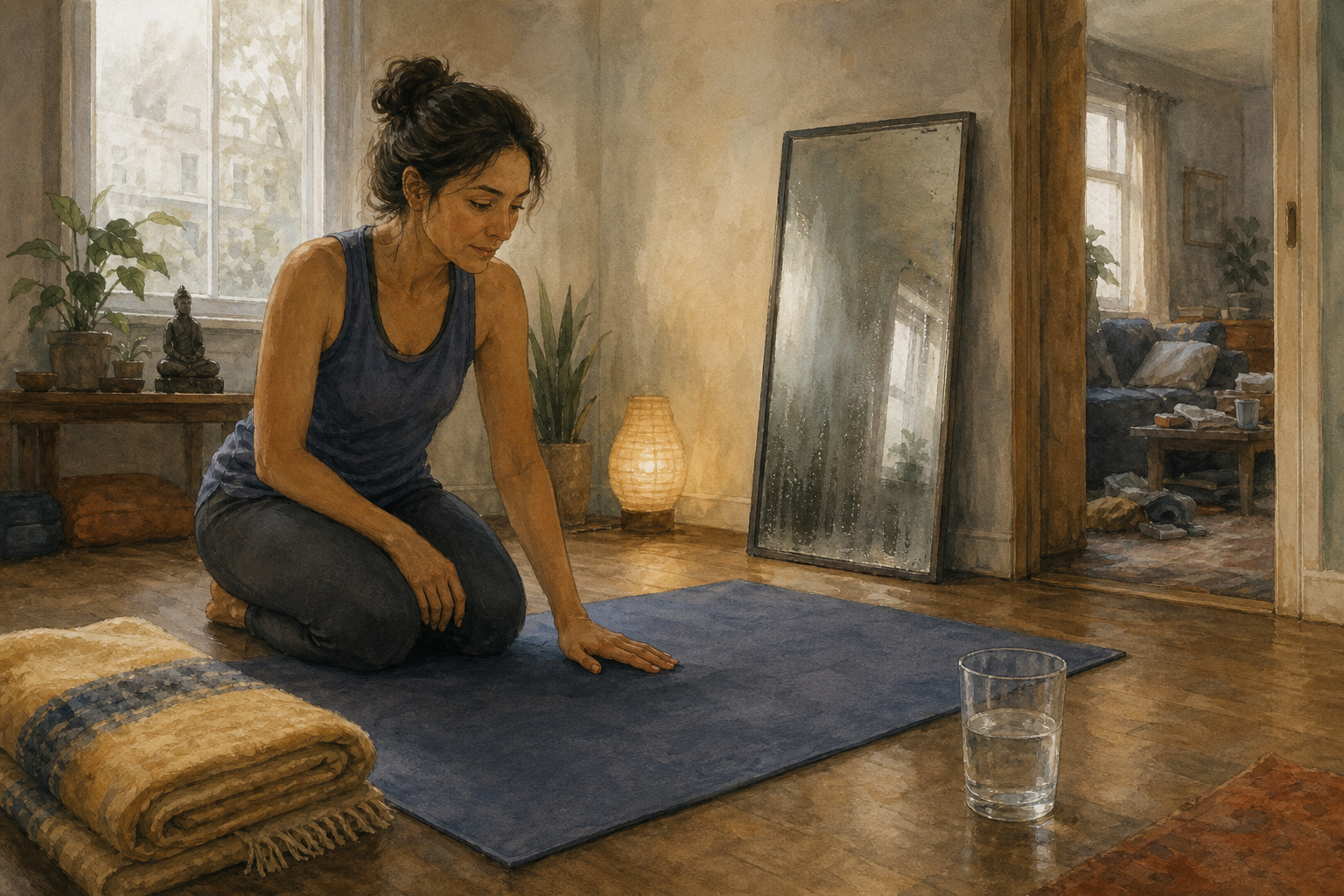 A practitioner pauses beside a yoga mat and observes a blanket, water glass, lamp, doorway, and fogged mirror in a quiet room.