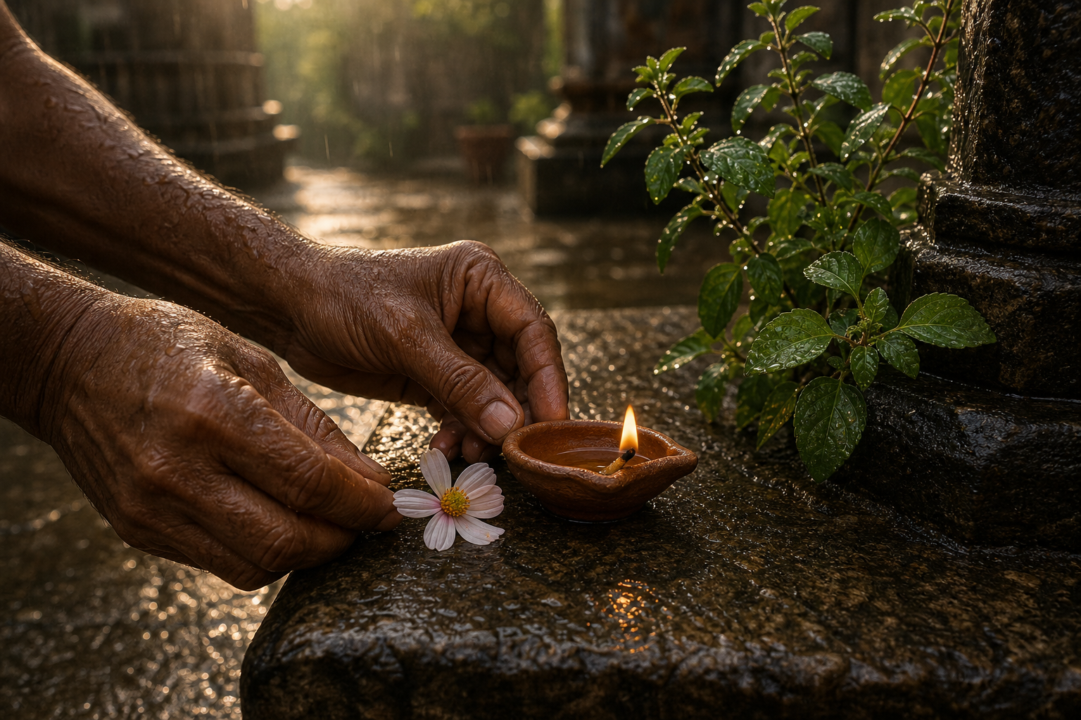 Two hands place a small wildflower and a lit clay lamp on a rain-wet stone ledge beside tulsi leaves.