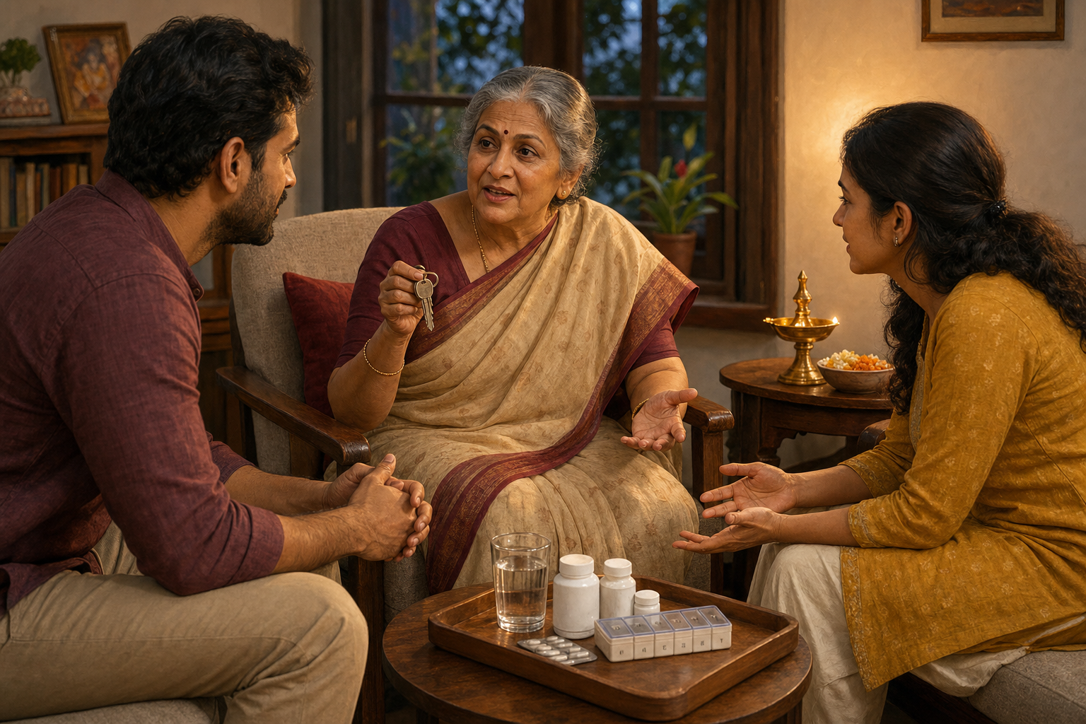 An older mother holds her house keys and speaks as two adult family members listen during a care conversation in a living room.