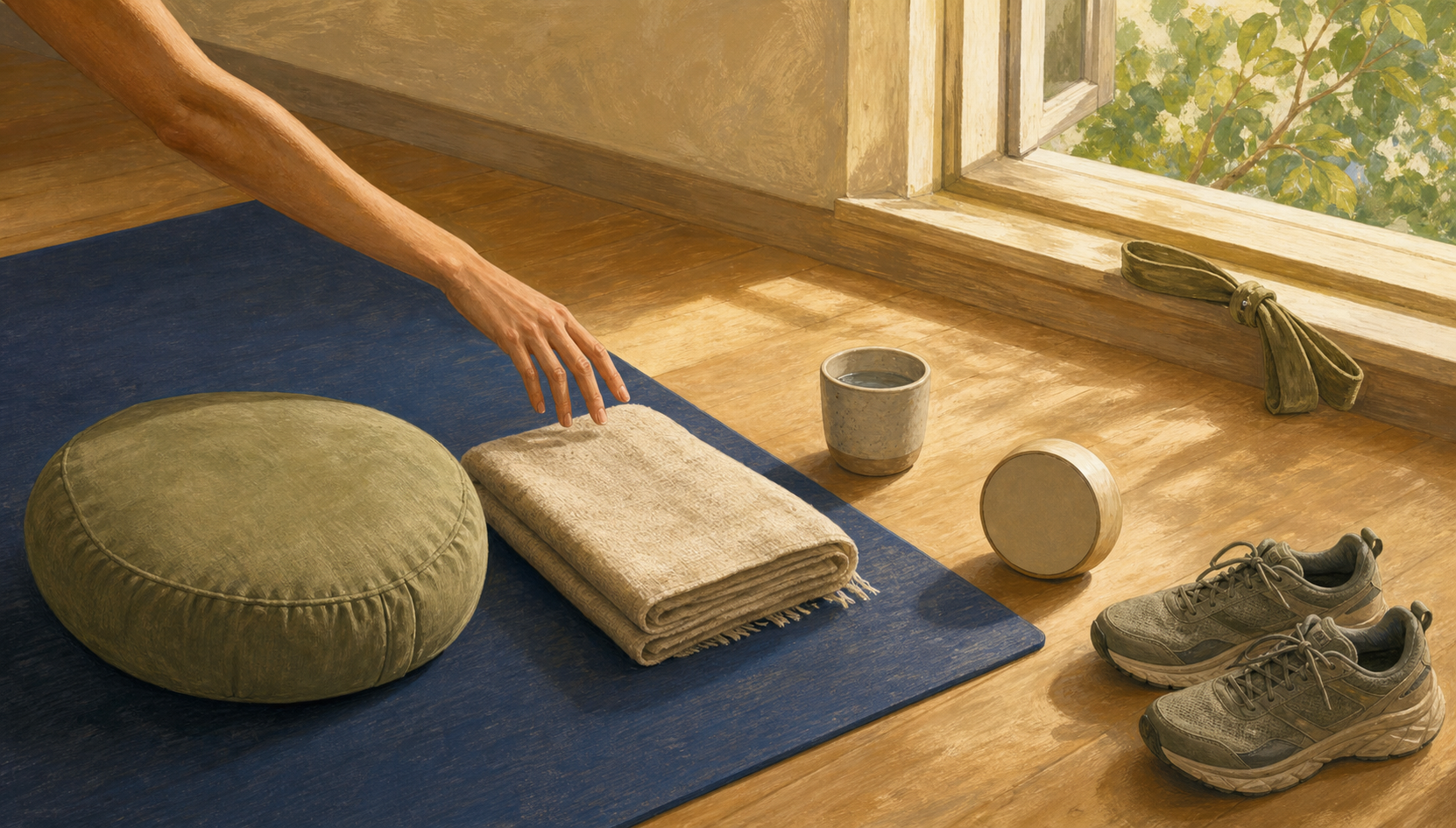 A hand selects a support cushion from several practical items arranged beside a yoga mat on a wooden floor.