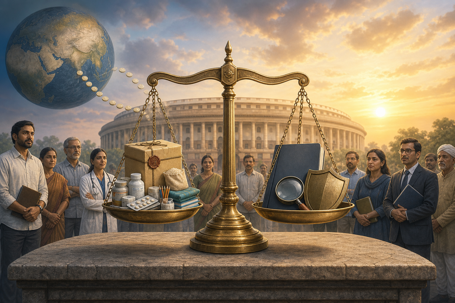 A brass balance scale weighs relief supplies and a donation box against an official folder, magnifying glass, and shield, with Indian citizens and Parliament in the background.