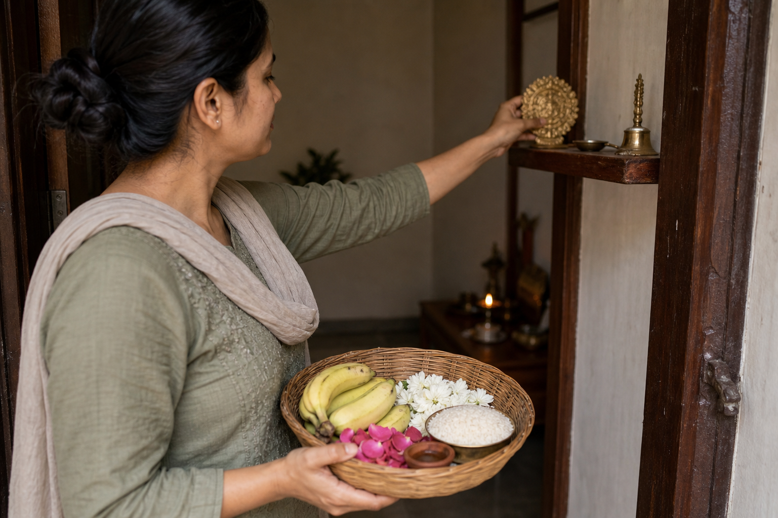 A worshipper carries a modest basket of fruit, flowers, rice, and a clay lamp toward a simple home shrine while setting aside an unnecessary ornament.
