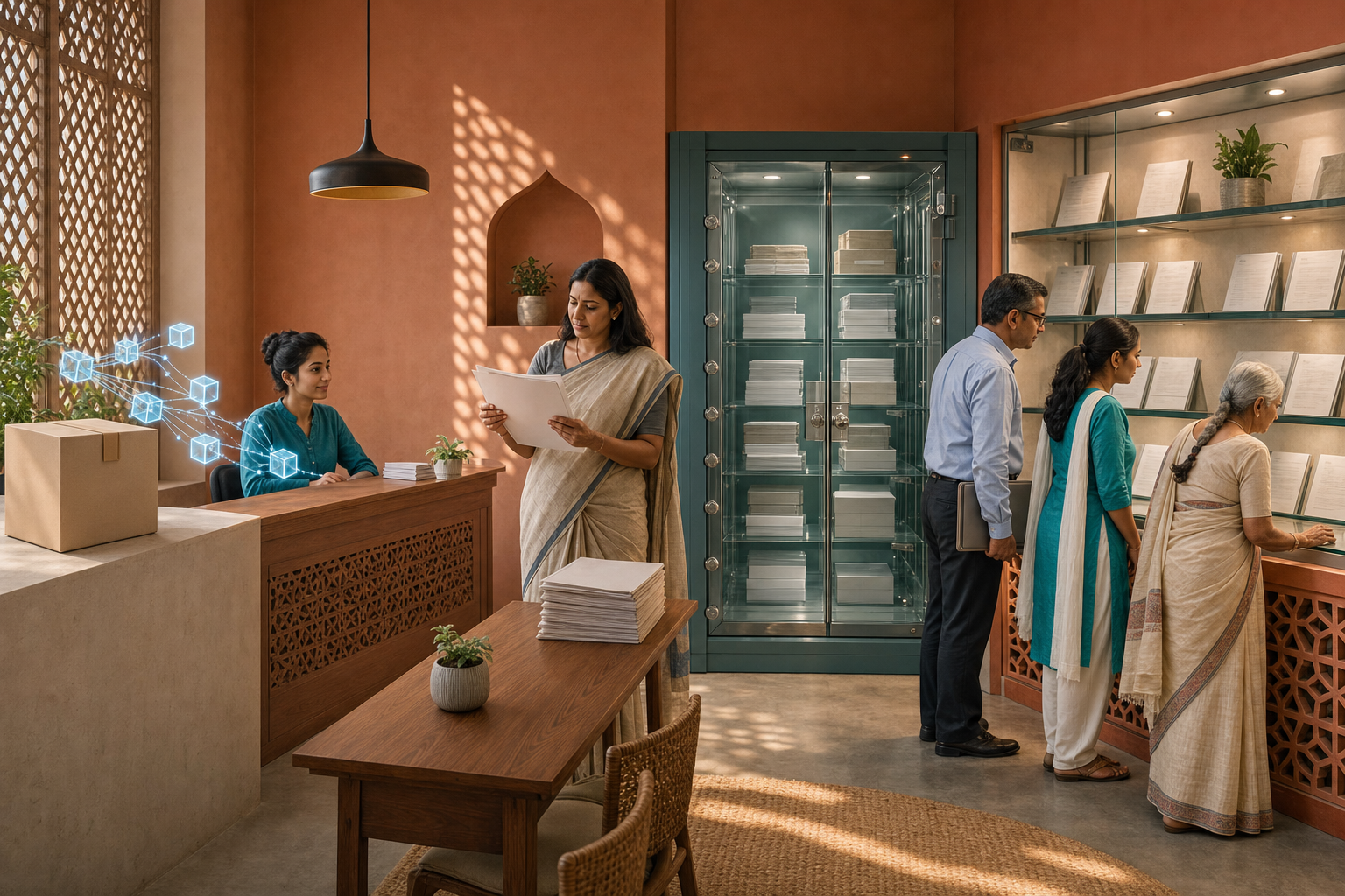 A nonprofit office shows overseas resources moving through document checks and secure recordkeeping before organized files are made visible to citizens.