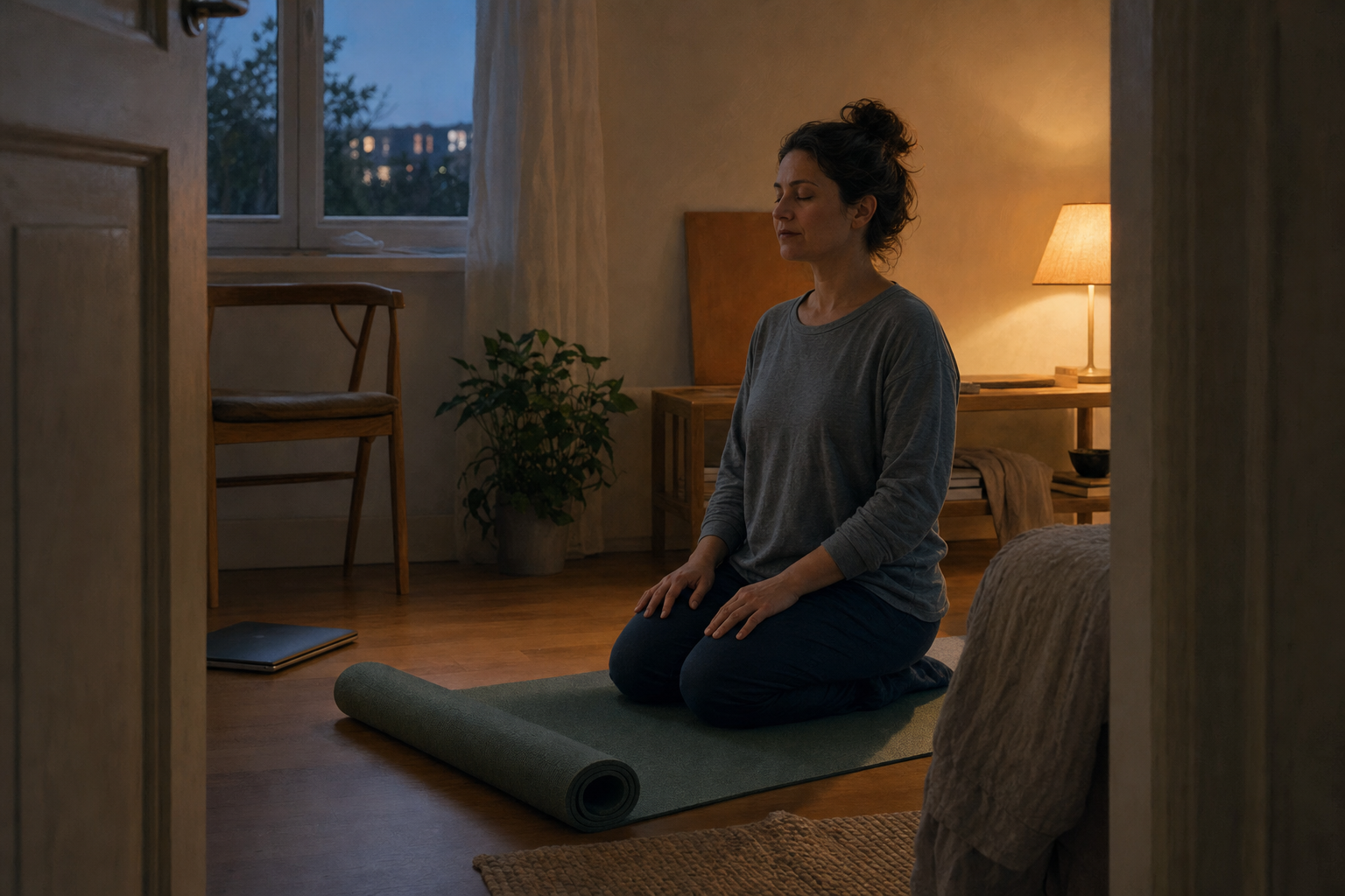 A practitioner begins a brief seated practice on a partly unrolled mat in a small room at twilight.