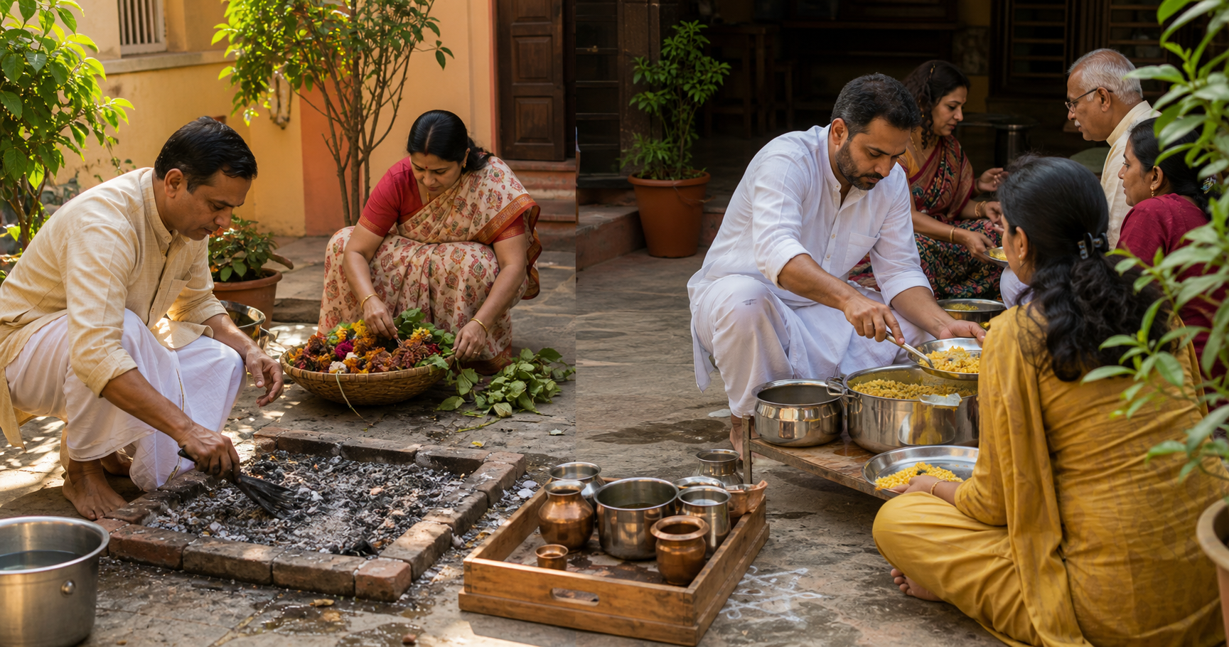Adults clean ritual vessels and a cooled homa area, sort flowers for compost, and share vegetarian food on reusable metal plates.