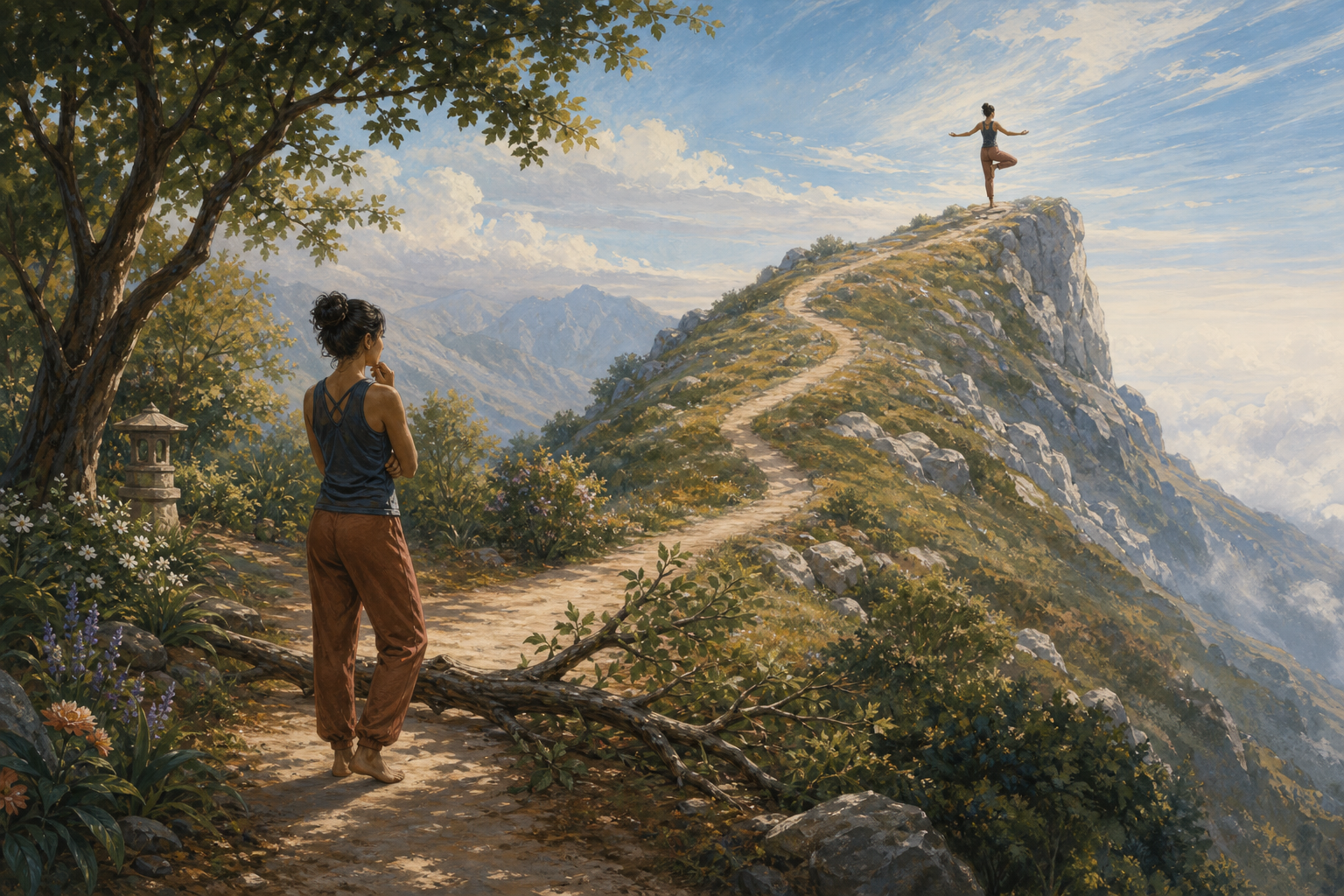 The same practitioner appears at two points on an ascending path, first facing a fallen branch and later balancing against wind on a high ridge.