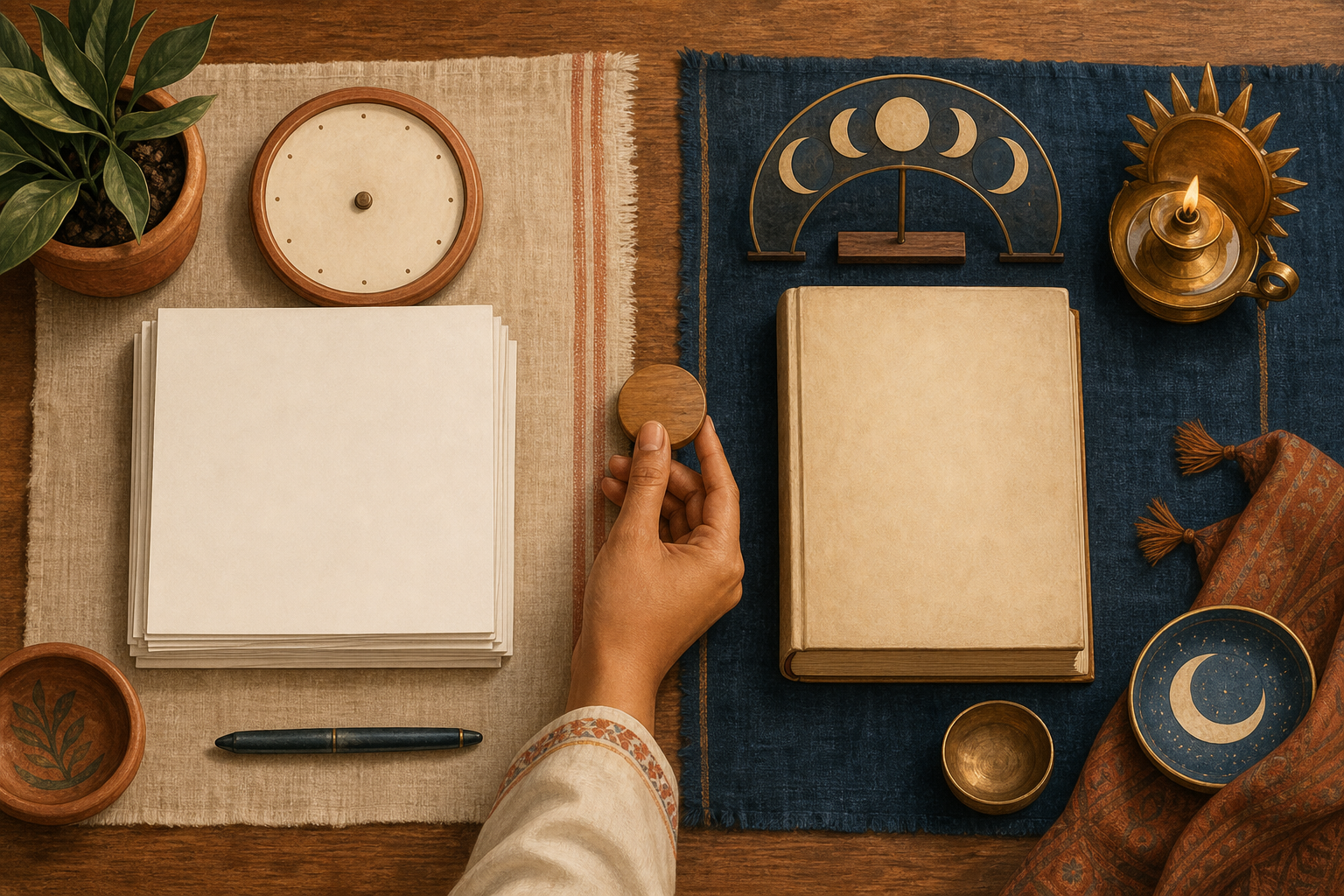 A planning table with blank calendar leaves, an unmarked lunar almanac, a clock, a moon ornament, and a brass lamp.