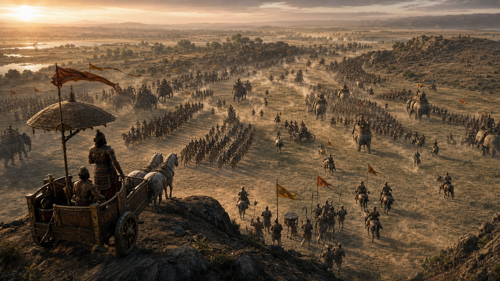 Oblique battlefield view of infantry, chariots, cavalry and elephants maneuvering in coordinated layers while commanders and messengers direct their movement.