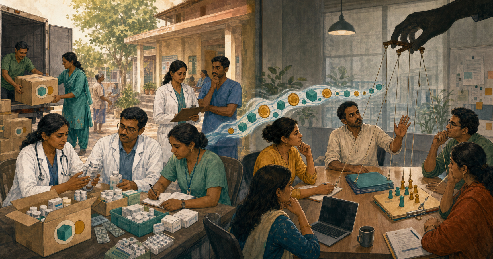 One side shows an Indian clinic independently using donated medical supplies, while the other shows a distant hand trying to control project decisions through strings.