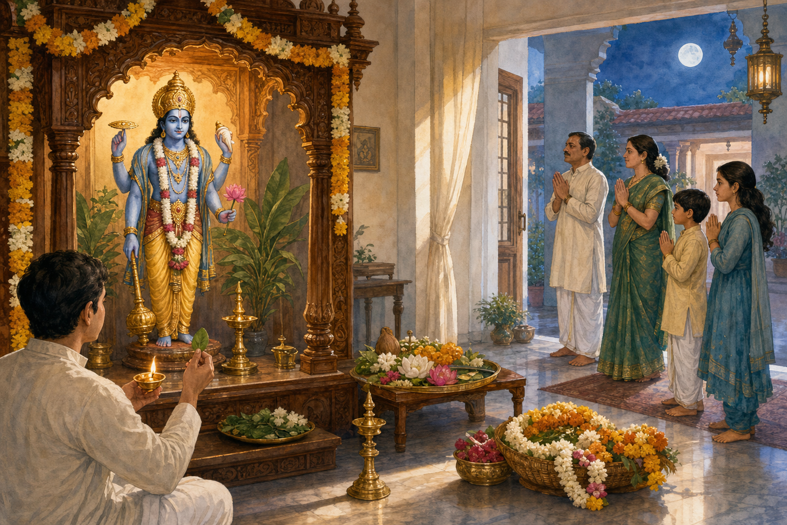 A devotee offers a tulsi leaf and oil lamp at a home shrine to Vishnu while family members and festival offerings appear in the background.