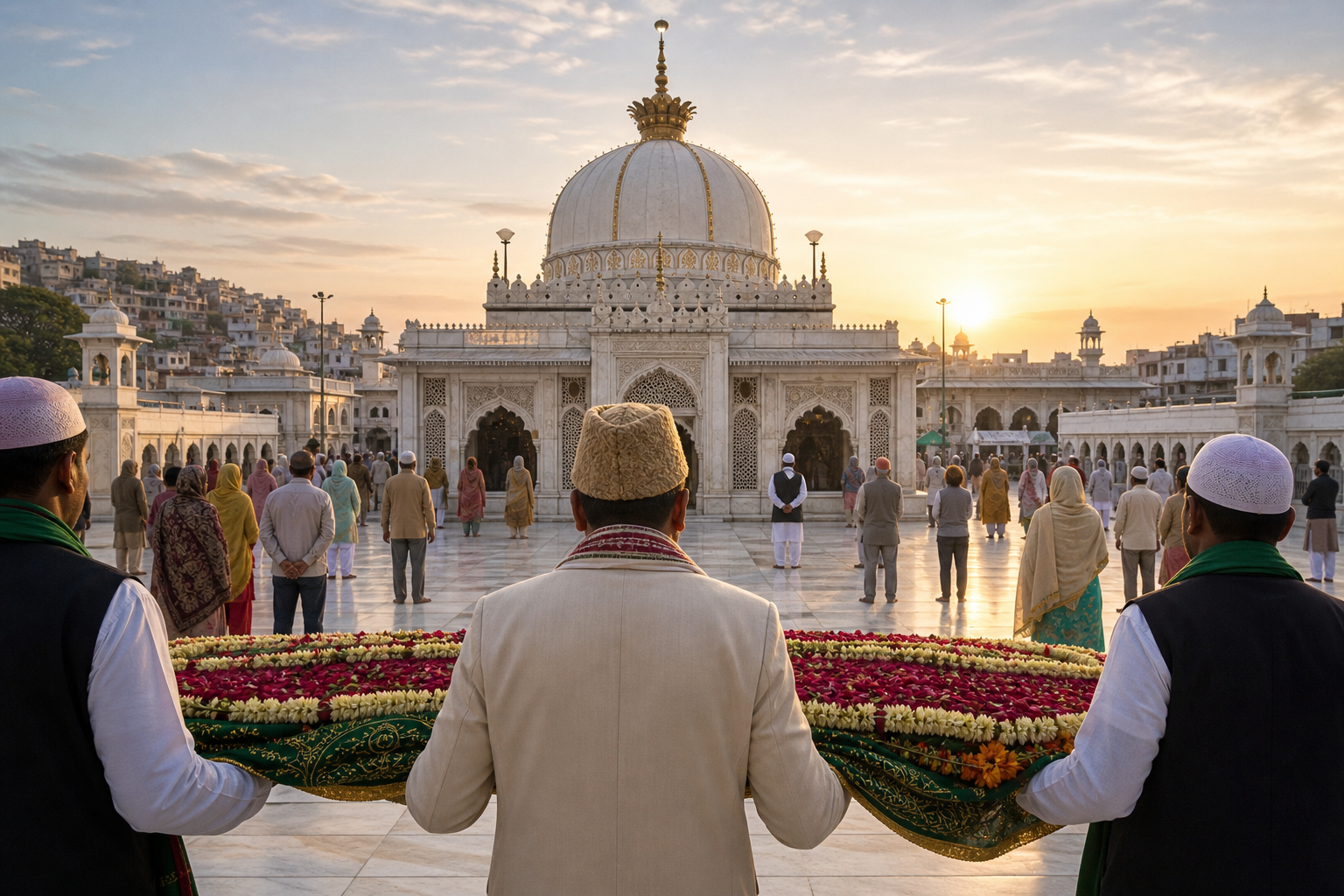 An anonymous government representative carries a flower-covered ceremonial cloth across the marble courtyard of a domed Sufi shrine at sunrise.