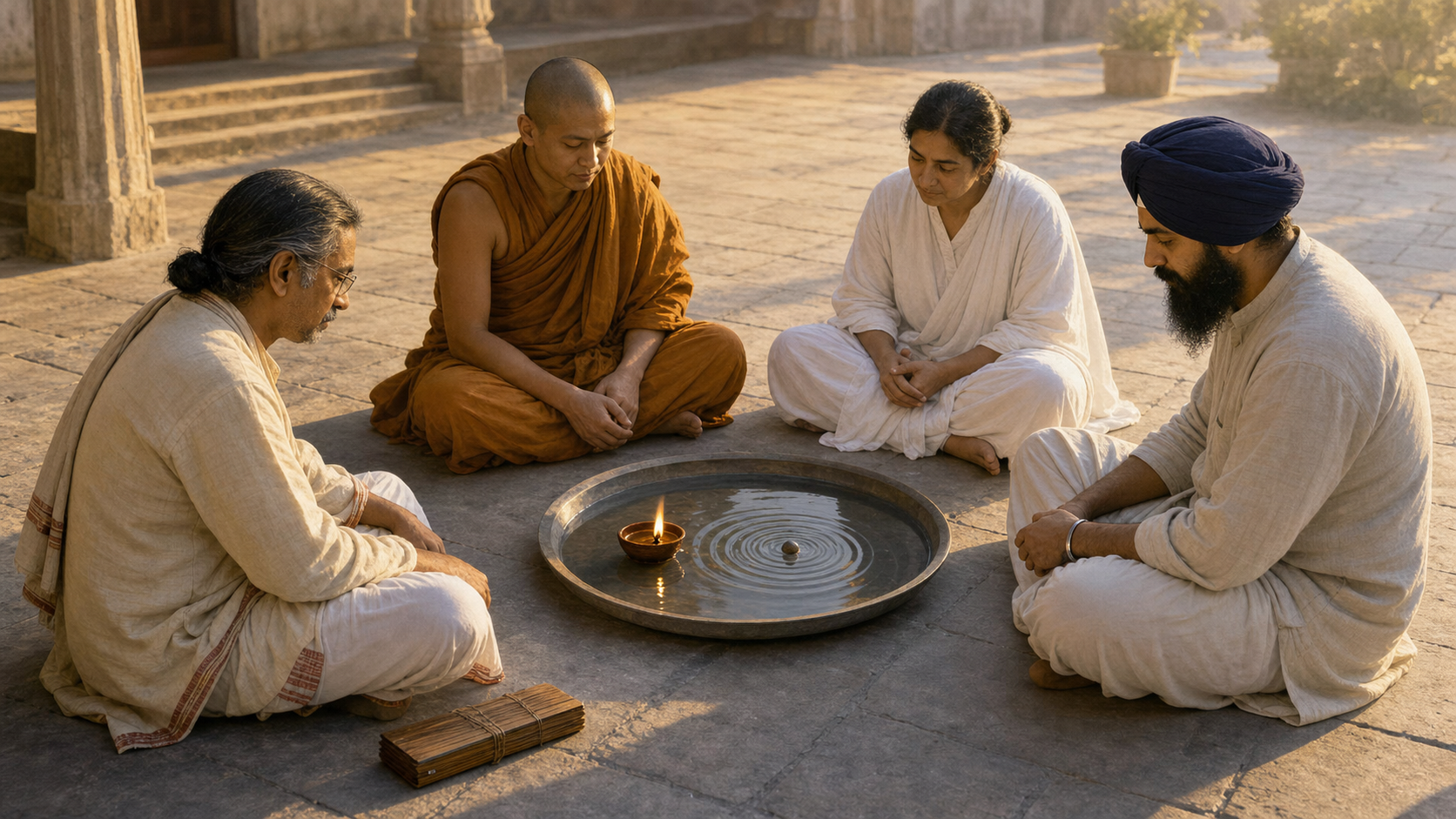 Four practitioners from Hindu, Buddhist, Jain, and Sikh traditions deliberate around an oil lamp and a basin with widening ripples.