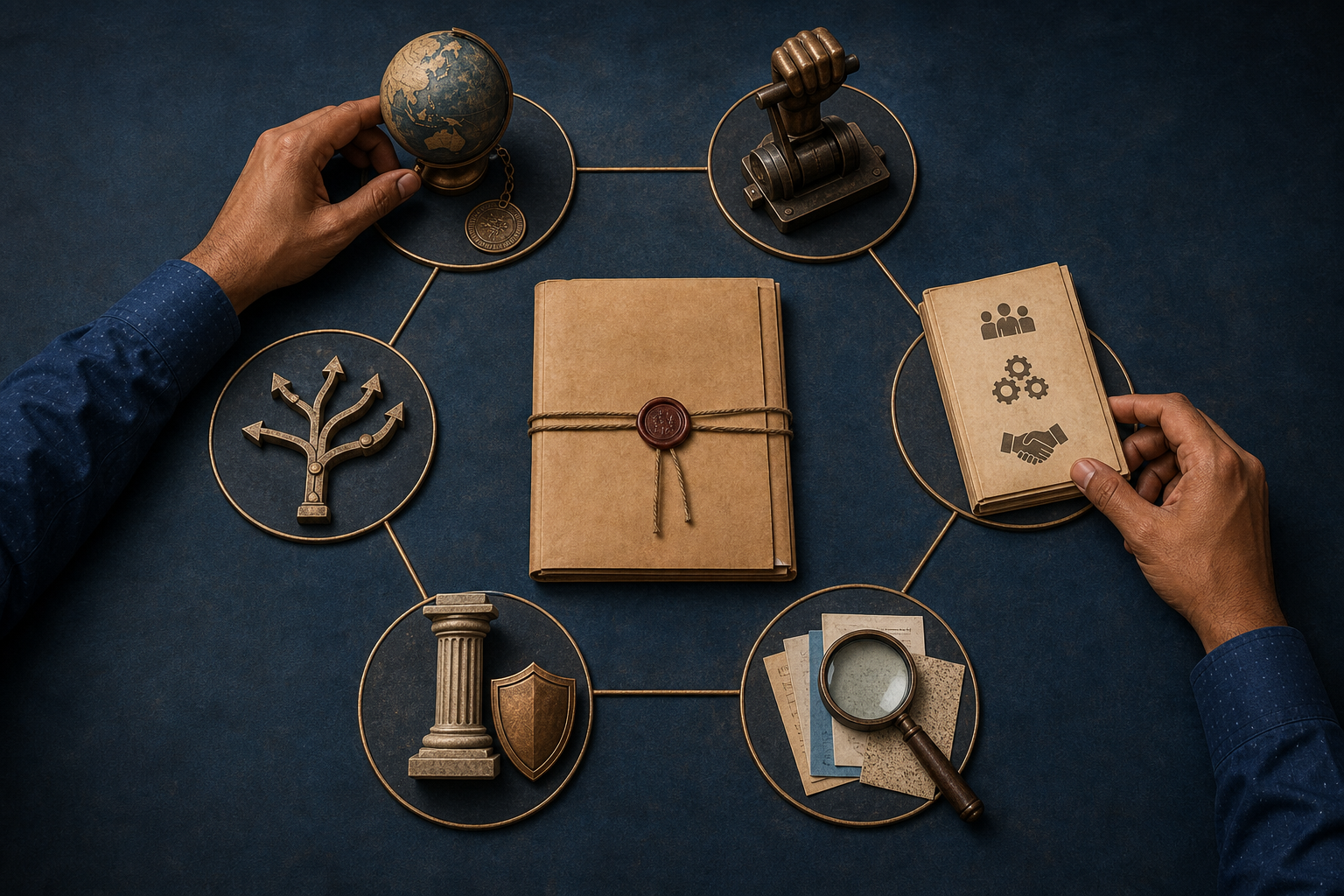 Six evidence objects surround a sealed case file as a researcher compares funding source, control, activity, transfers, legal process, and supporting records.
