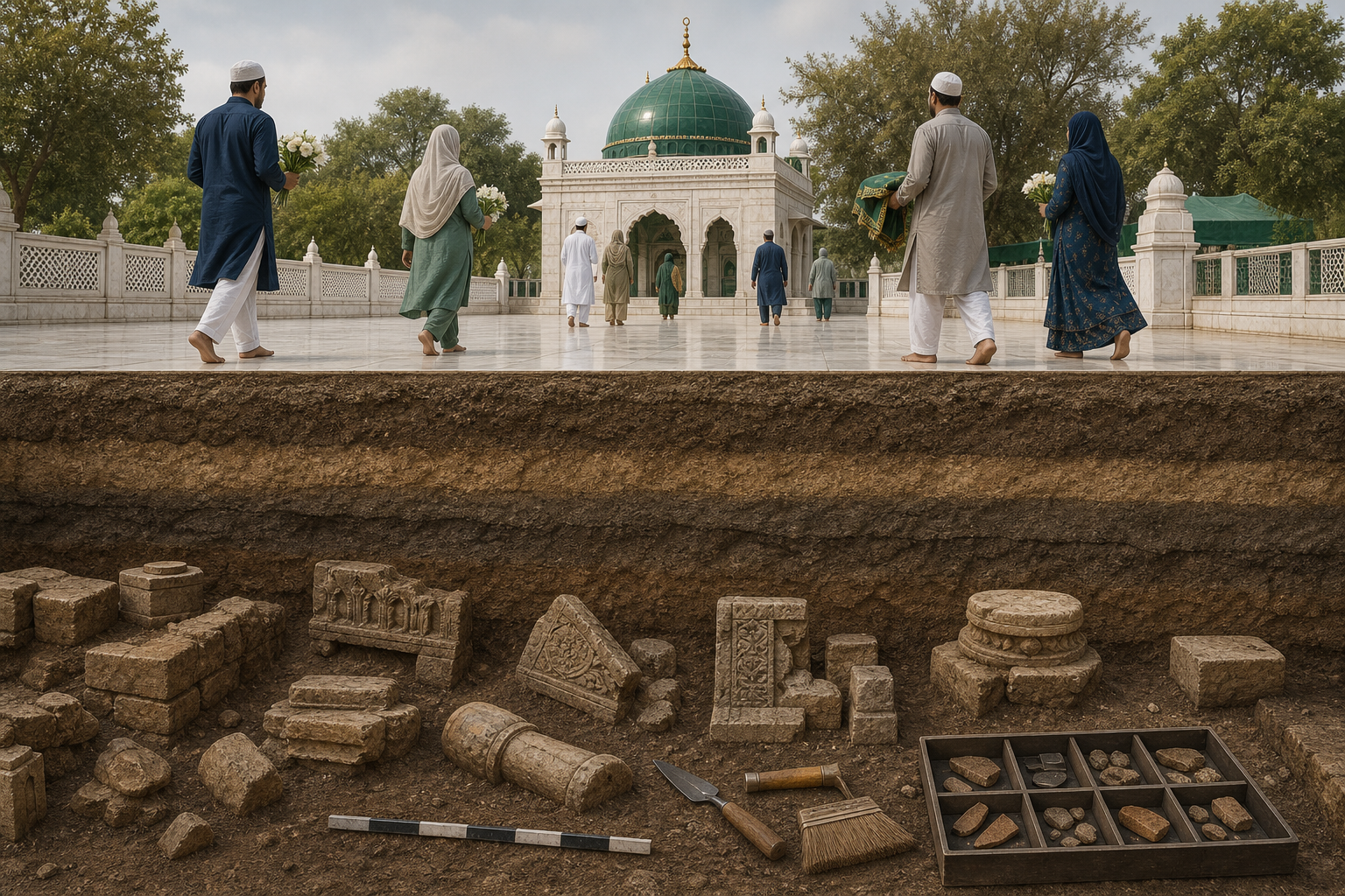 A cutaway illustration shows a present-day Sufi shrine ceremony above separated soil layers containing stone fragments and archaeological tools below.
