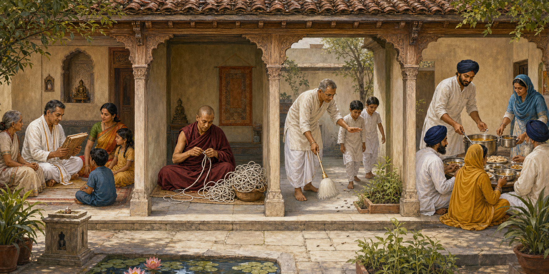 Four adjoining courtyard scenes show a Hindu householder consulting tradition and family needs, a Buddhist monastic untangling a cord, a Jain practitioner protecting small life, and Sikh householders serving an inclusive communal meal.