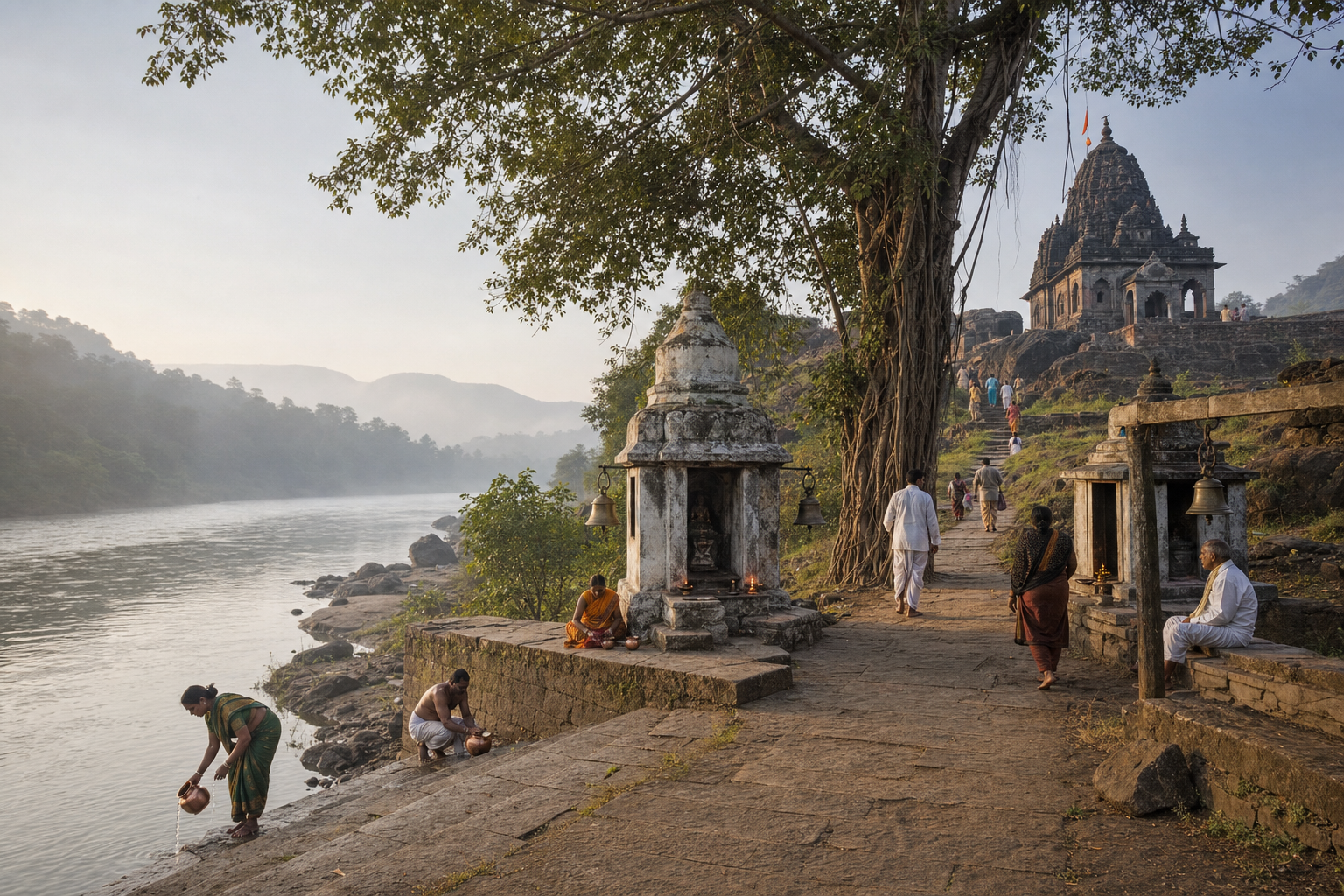 Pilgrims gather river water and follow a stone path past a banyan tree and small shrines toward a hilltop Shiva temple.