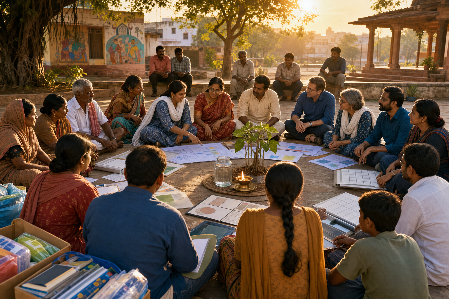 Indian citizens and civil-society workers review records around an oil lamp, a clear vessel, and a banyan sapling in a sunlit courtyard.