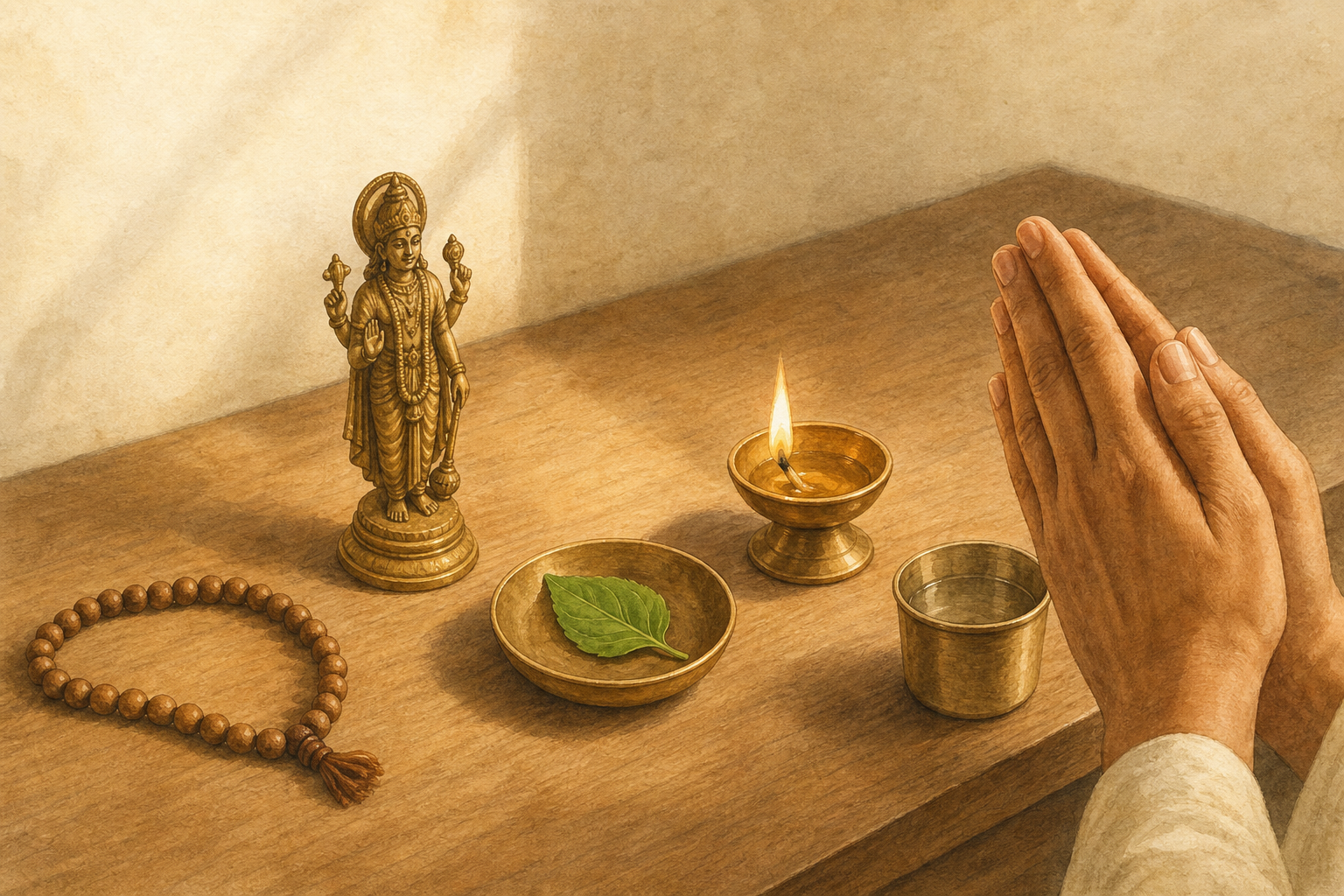 Folded hands face a simple daily Vishnu shrine with one lamp, a tulsi leaf, prayer beads, and a cup of water.