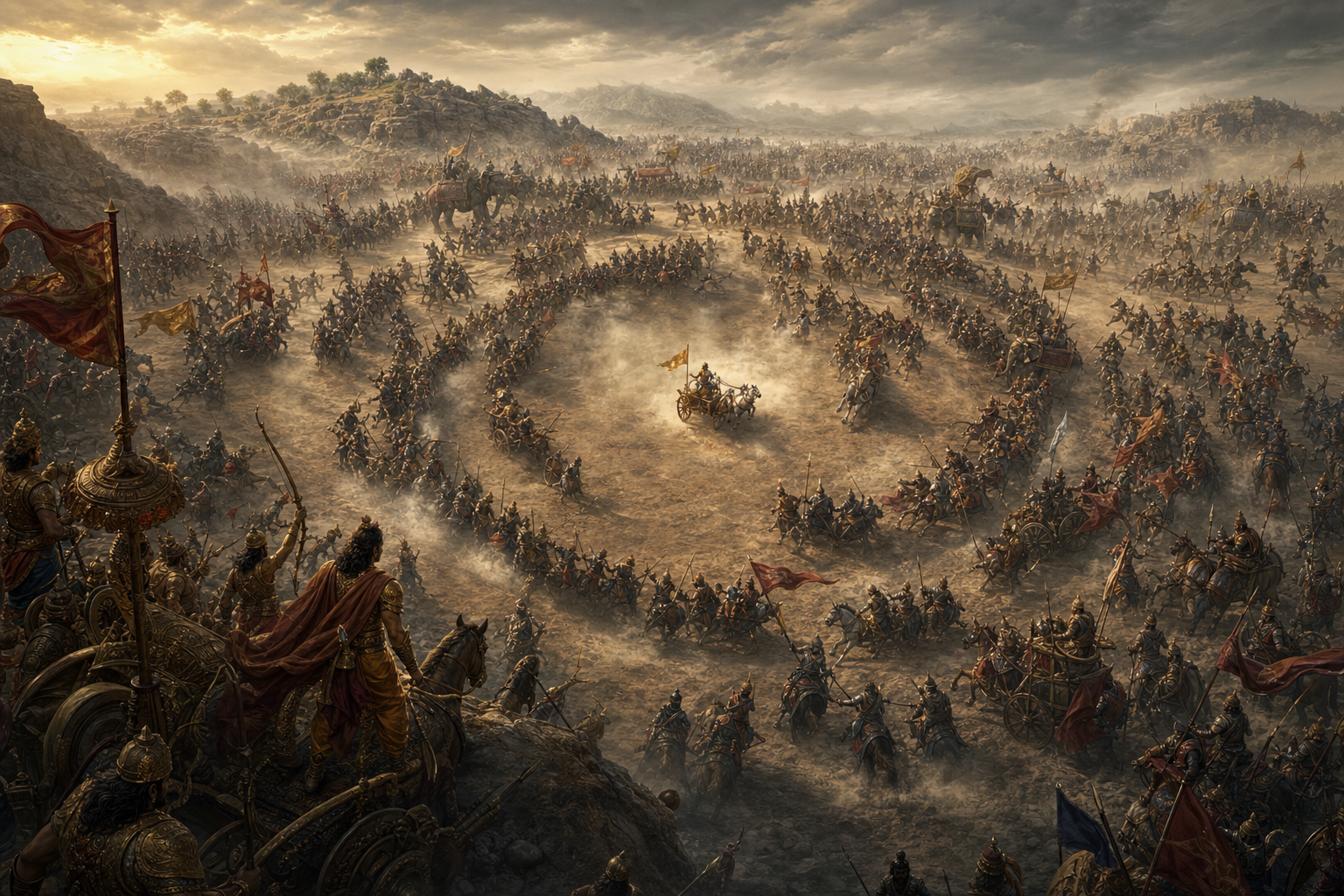 Curving layers of soldiers, chariots and elephants close behind an isolated chariot warrior as messengers and commanders redirect units through battlefield dust.
