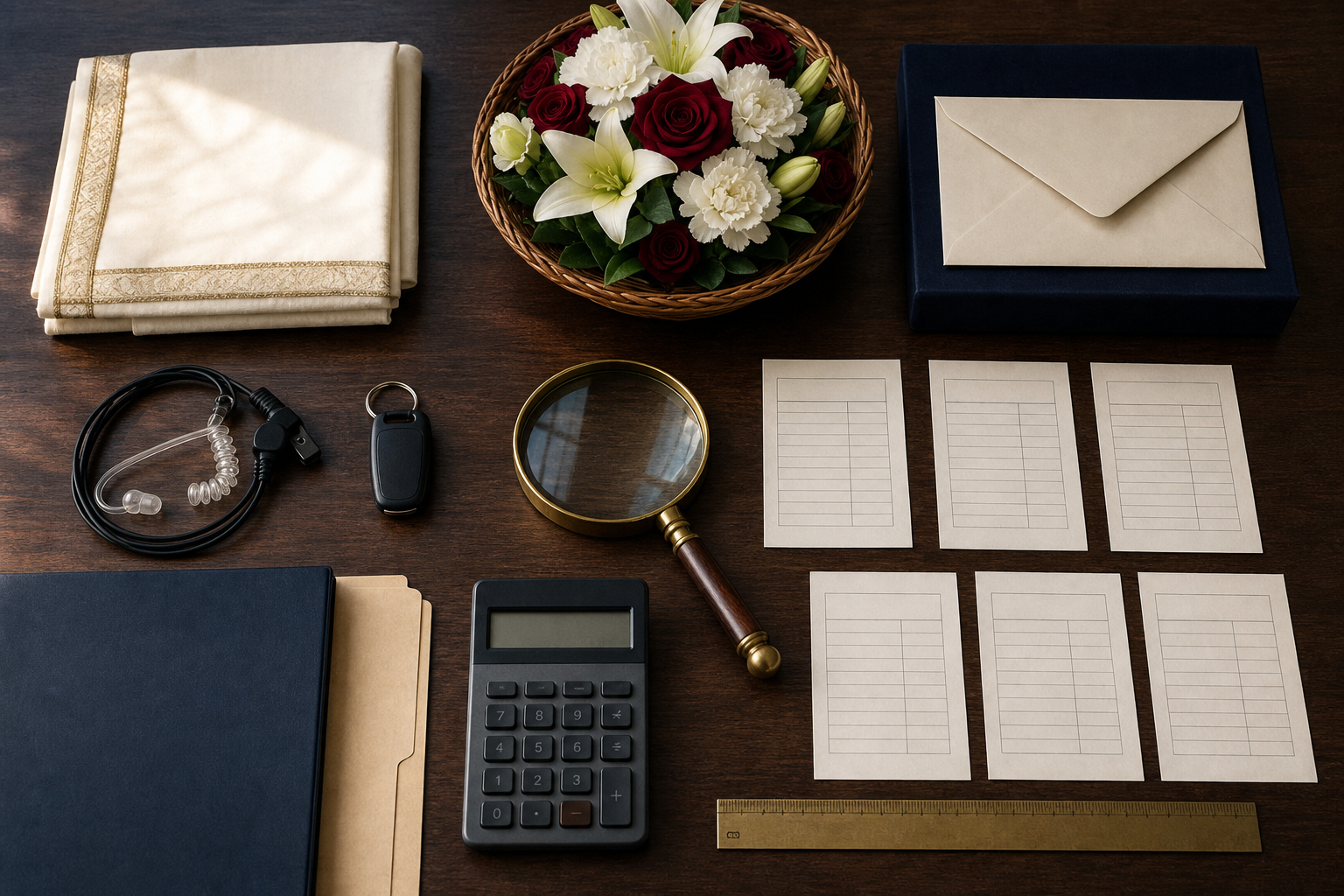 A magnifying glass rests above blank expense slips beside a ceremonial cloth, flowers, travel items, and security equipment on an office desk.