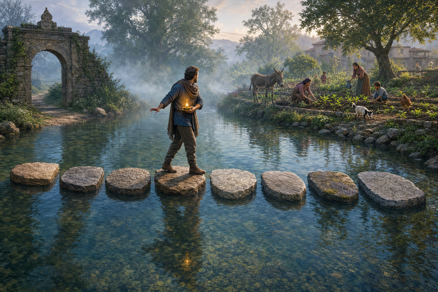 A person carrying a protected oil lamp pauses while crossing a stream on eight visible stepping stones between an old gateway and a village garden.